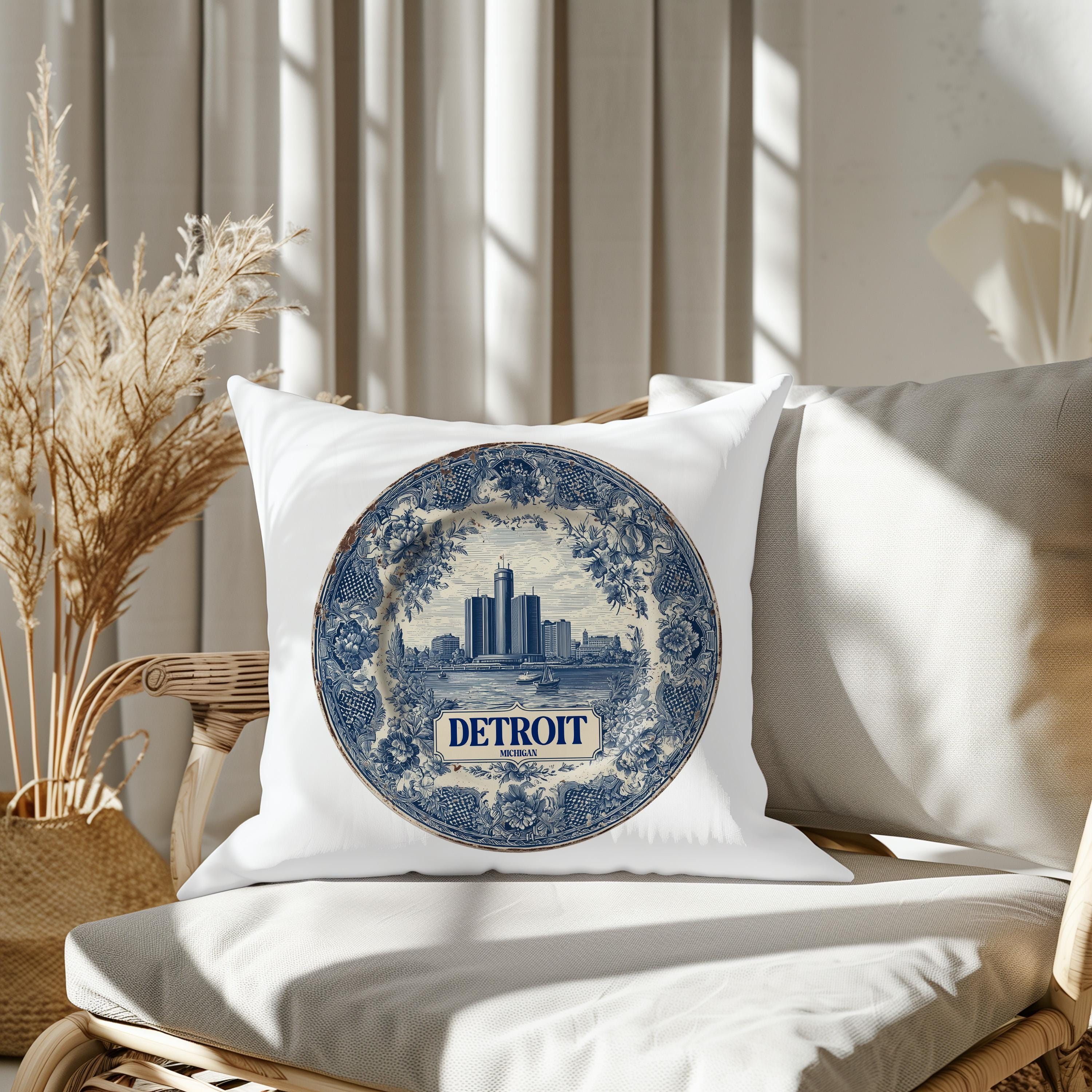 Detroit Michigan Pillowcase, Delft Style Decorative Throw Pillow, Vintage Cityscape Retro Home Decor