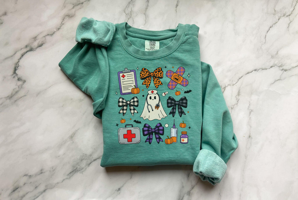 Cute Ghost Halloween Nurse Sweatshirt, Gift for Nurse, Medical crew, Spooky Ghost Nurse, Halloween Hoodie, Nurse Costume Gift
