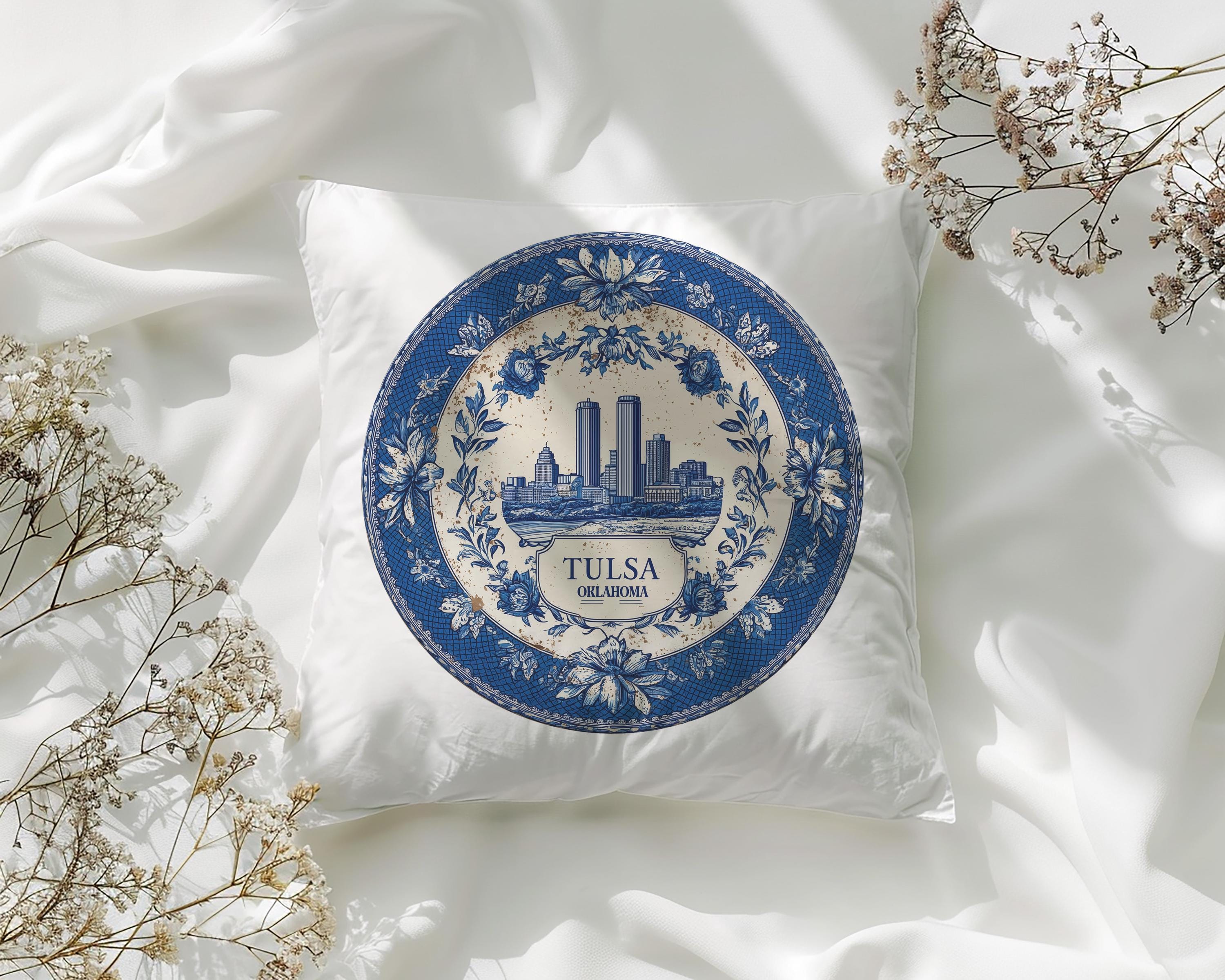 Tulsa Oklahoma Pillowcase, Delft Style Decorative Throw Pillow, Vintage Cityscape Retro Home Decor