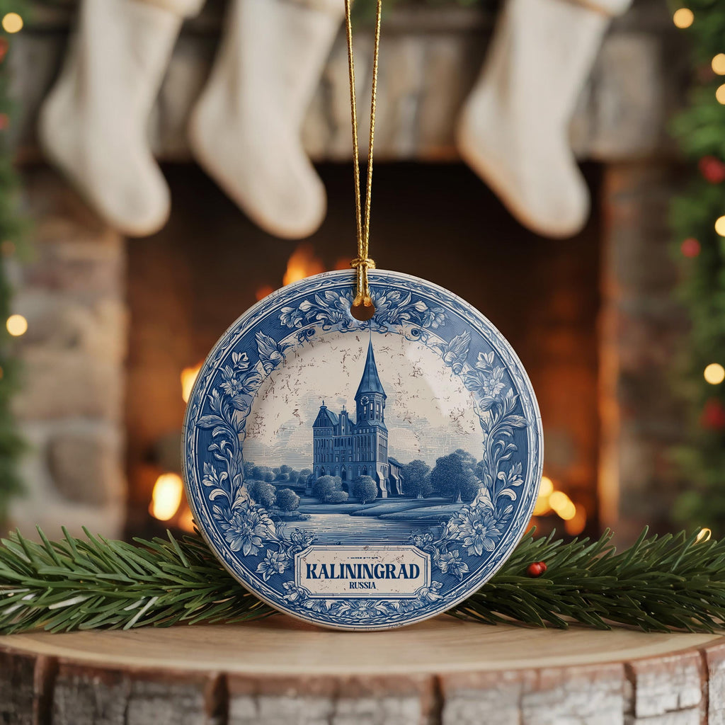 Custom Kaliningrad Russia Ceramic Delft Ornament, Christmas Delftware Blue Delftware city travel