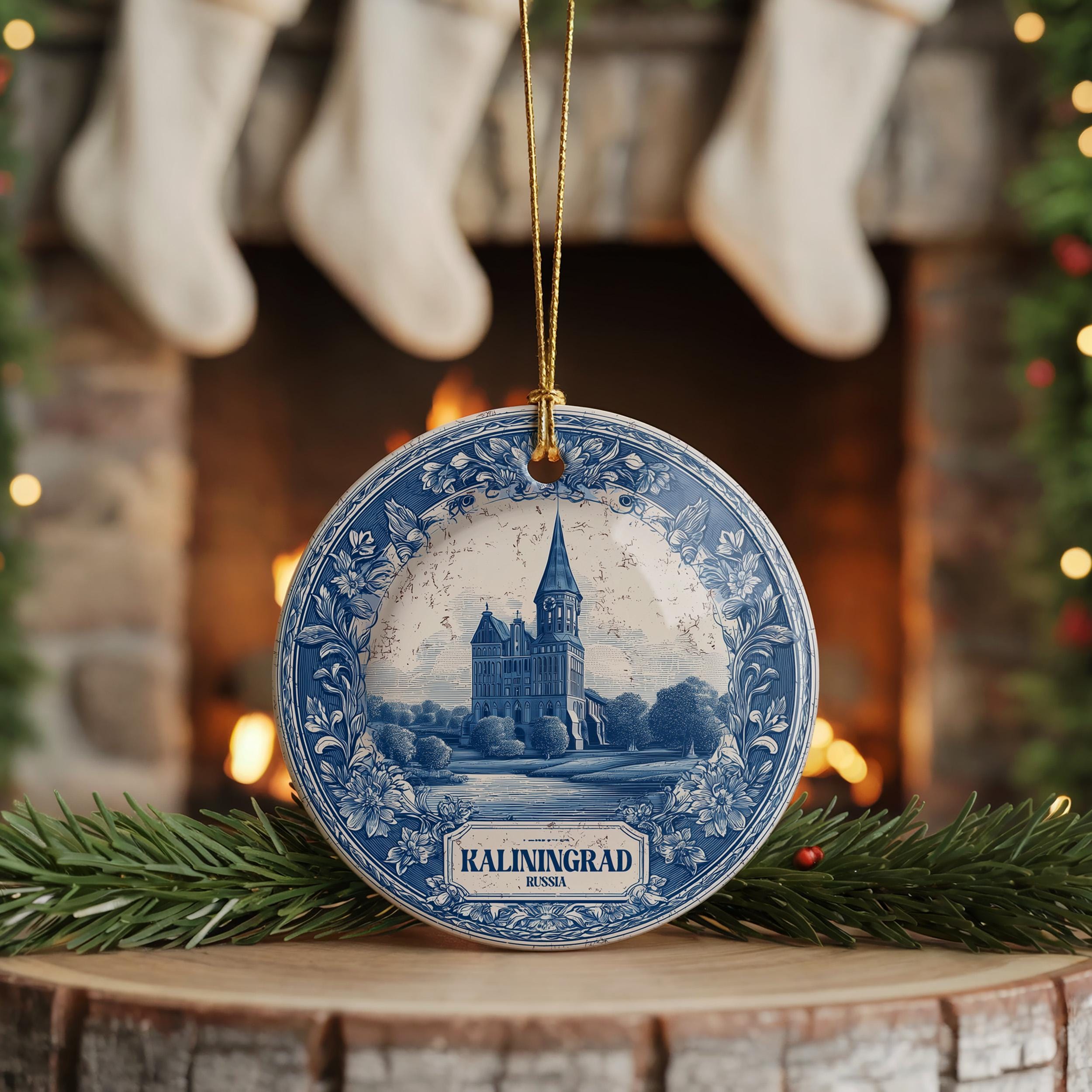 Custom Kaliningrad Russia Ceramic Delft Ornament, Christmas Delftware Blue Delftware city travel