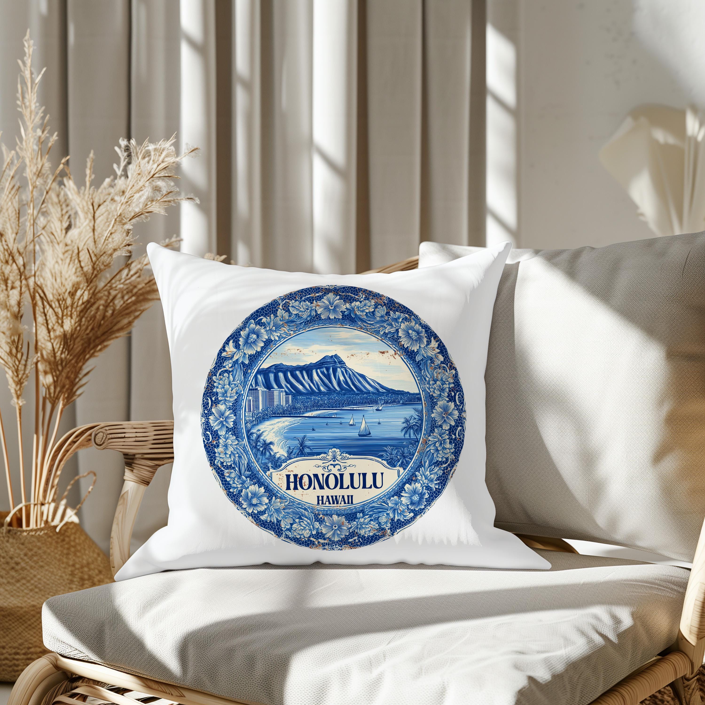 Honolulu Hawaii Pillowcase, Delft Style Decorative Throw Pillow, Vintage Cityscape Retro Home Decor