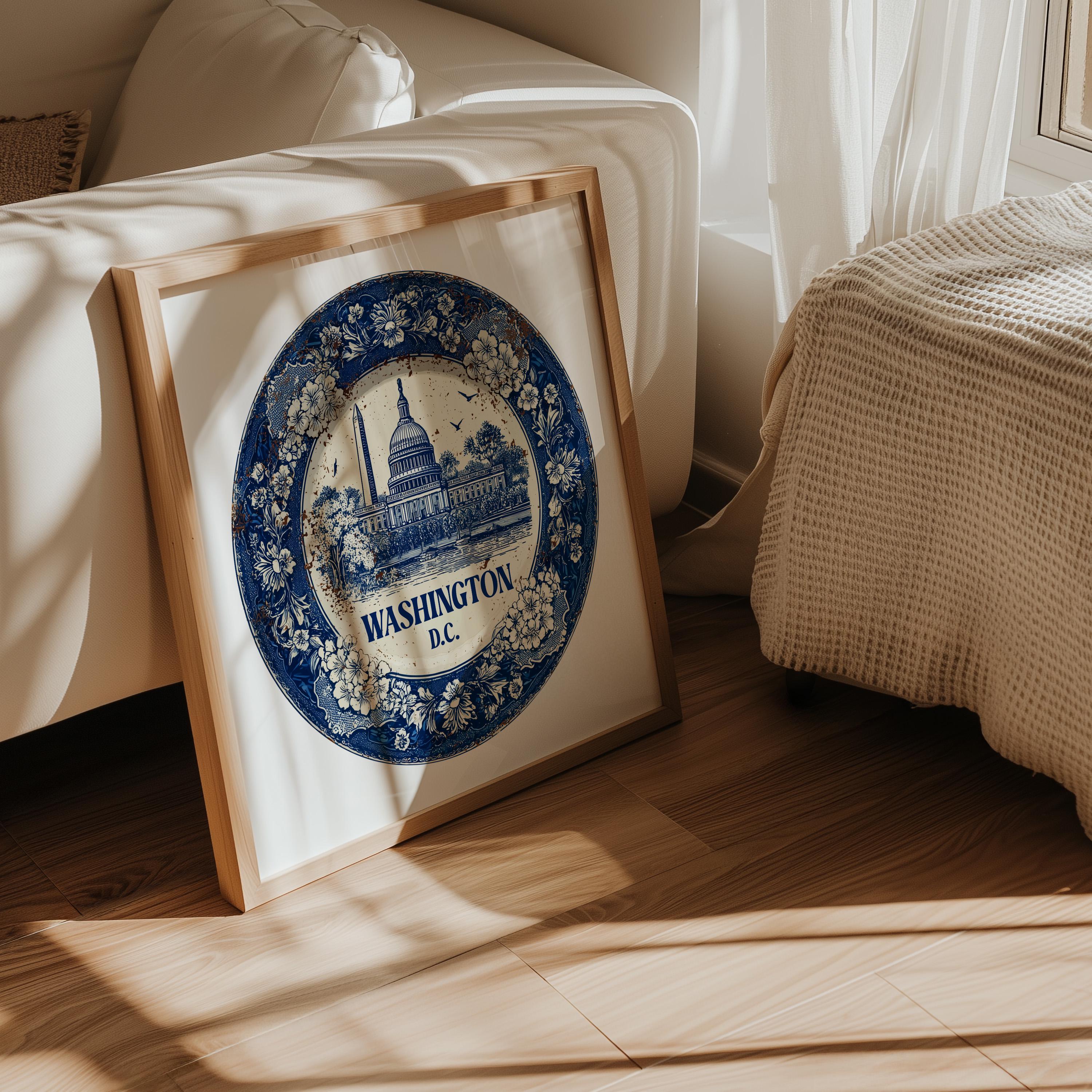 Washington DC Wall Art, Vintage Delft Blue Poster, City Print, Travel Home Decor