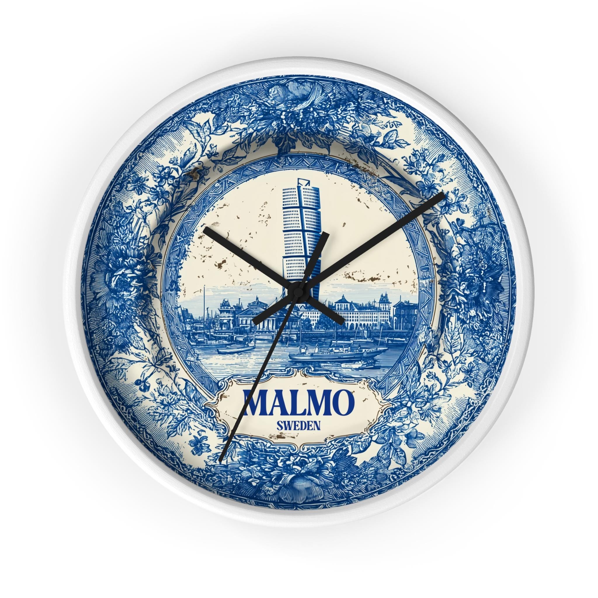 Malmo Sweden Wall Clock, Delf style Home Decor, Vintage City Travel Keepsake Art