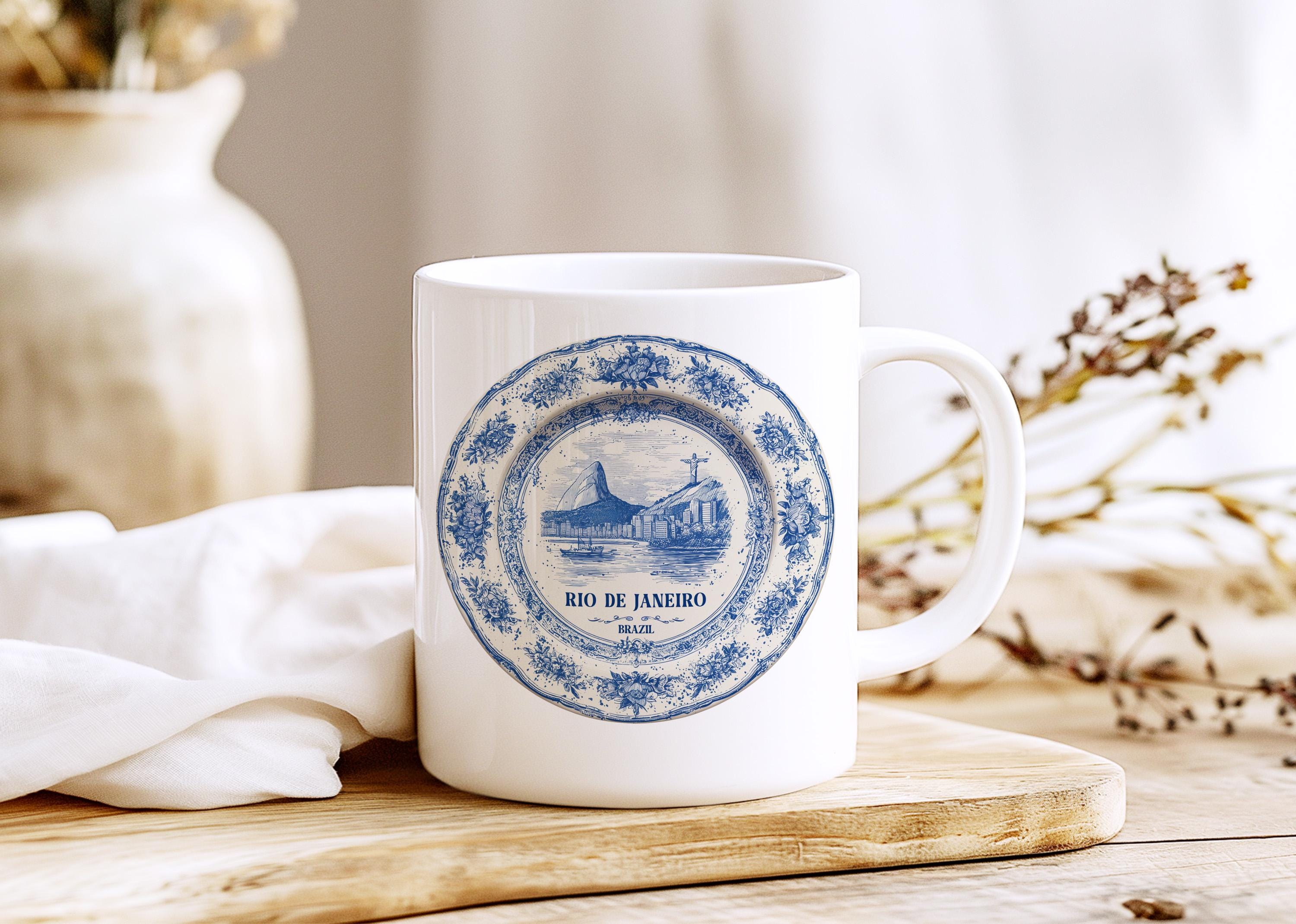 Rio Brazil Mug, Custom Delft Style cup, Personalized Vintage Travel City Gift