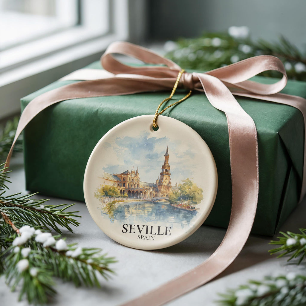 Seville Personalized Watercolor Ornament, SpainCustom Ceramic Christmas gift, Travel Keepsake