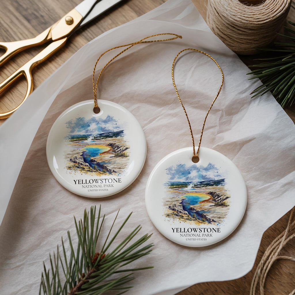 Yellowstone National Park United States Personalized Watercolor Ornament, Custom Ceramic Christmas gift, Travel Keepsake