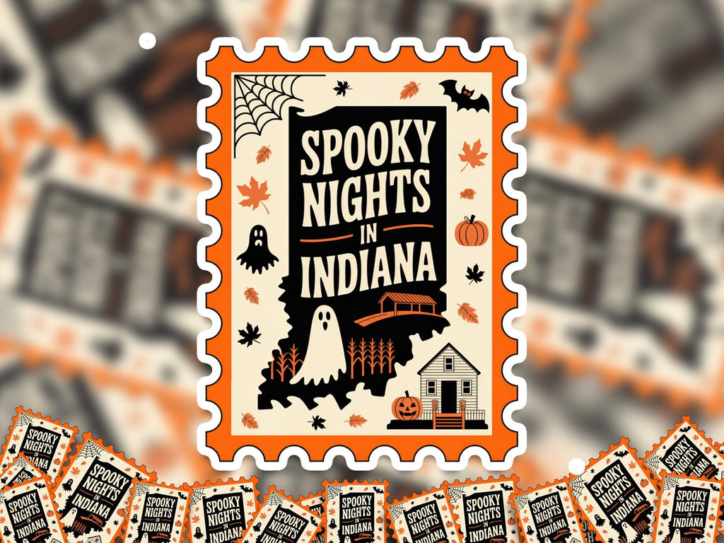Indiana Stamp Halloween Sticker, Spooky USA Kiss-Cut Vinyl, Waterproof Decal, United States Travel