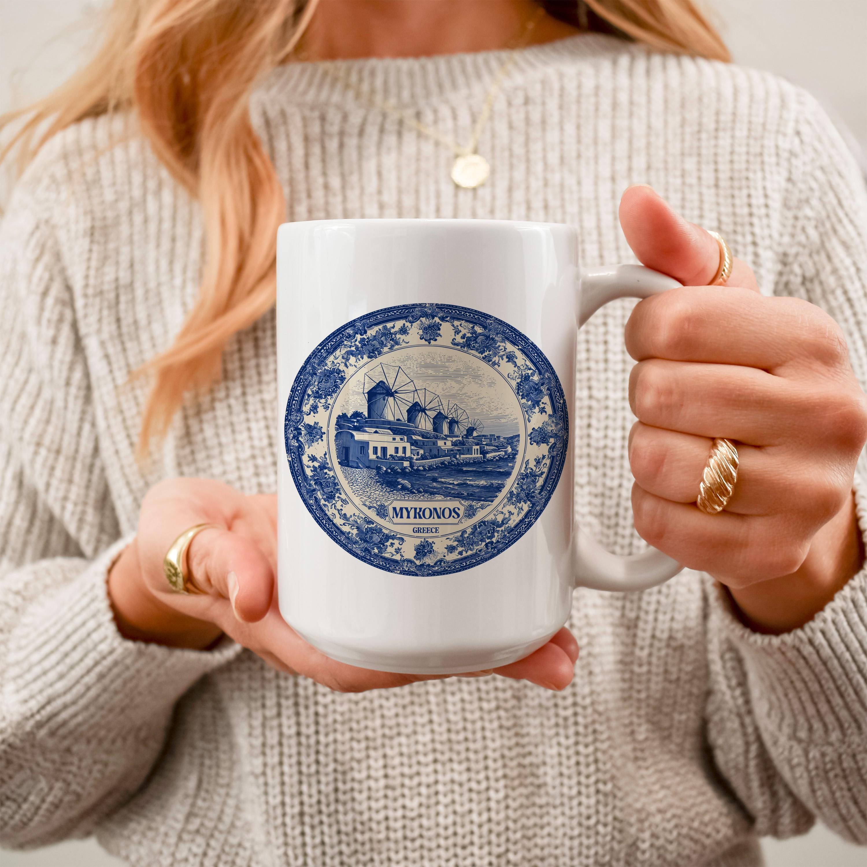 Mykonos Greece Mug, Custom Delft Style cup, Personalized Vintage Travel City Gift