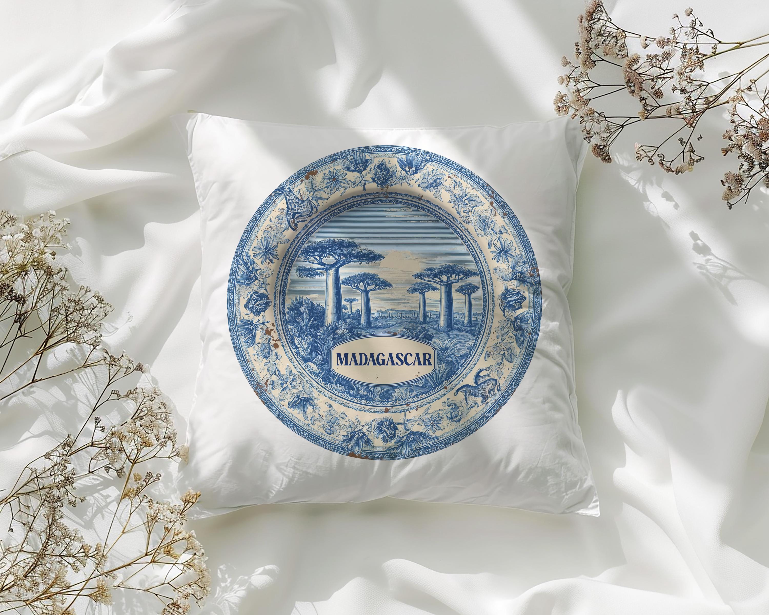 Madagascar Pillowcase, Delft Style Decorative Throw Pillow, Vintage Cityscape Retro Home Decor