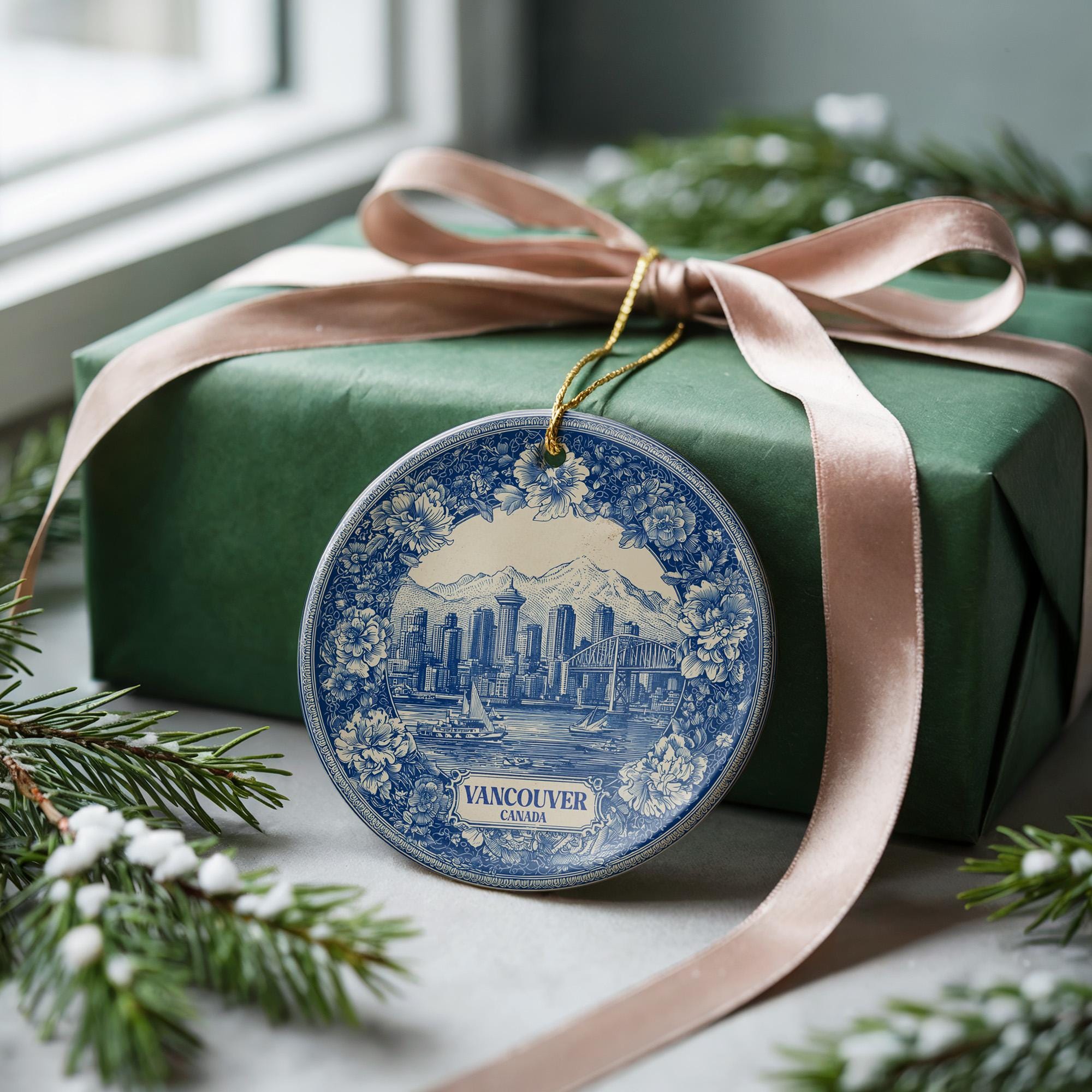 Custom Vancouver Canada Ceramic Delft Ornament, Christmas Delftware Blue Delftware city travel