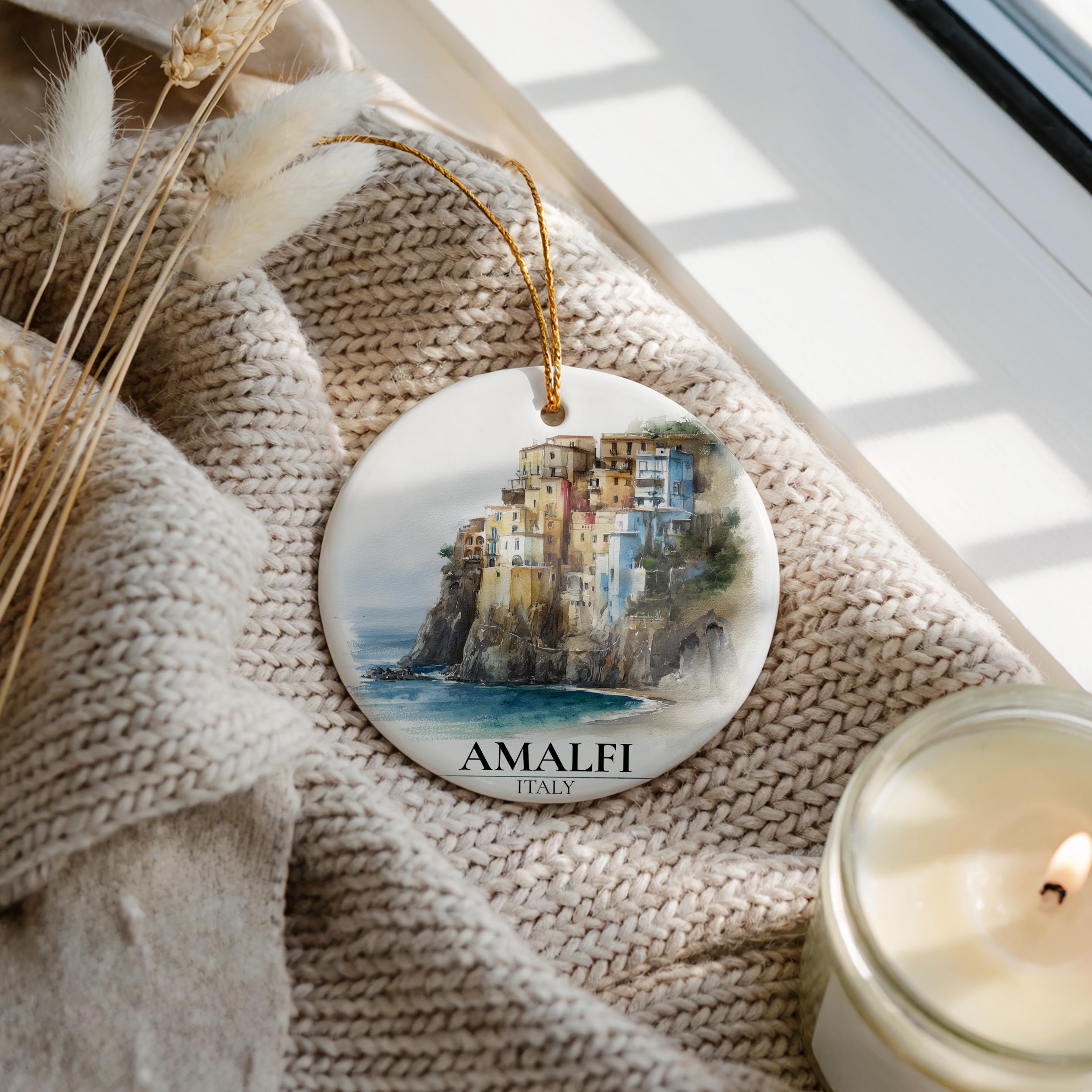 Amalfi Coast Italy Custom Watercolor Ornament, Personalized Ceramic Christmas gift, Travel Keepsake