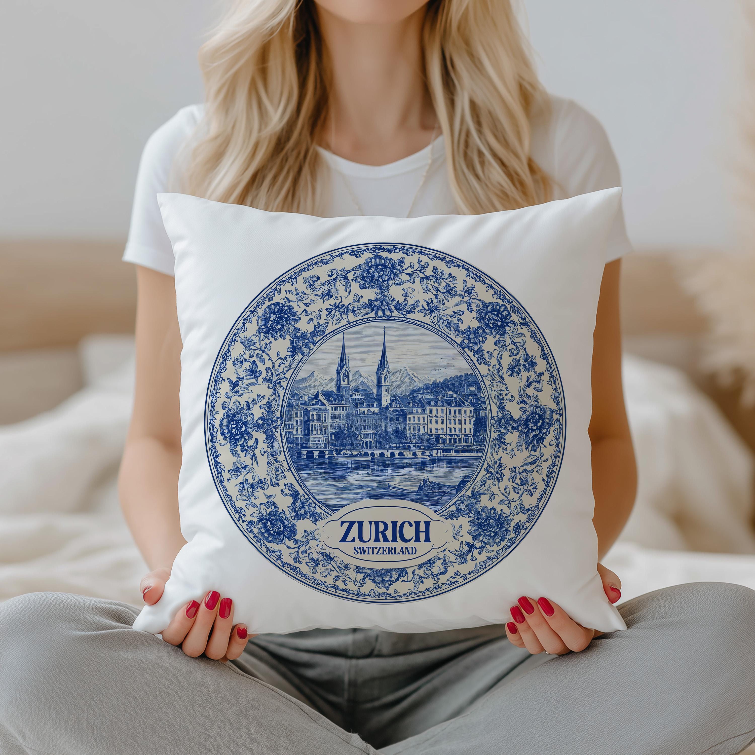 Zurich Switzerland Pillowcase, Delft Style Decorative Throw Pillow, Vintage Cityscape Retro Home Decor