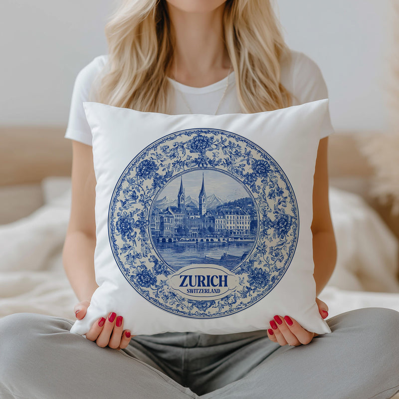 Zurich Switzerland Pillowcase, Delft Style Decorative Throw Pillow, Vintage Cityscape Retro Home Decor