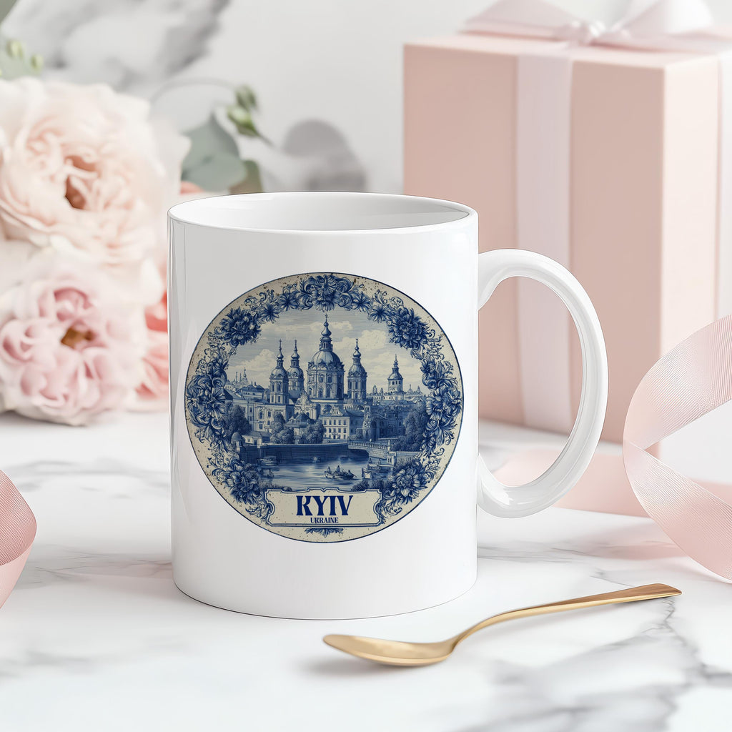 Kyiv Ukraine Mug, Custom Delft Style cup, Personalized Vintage Travel City Gift