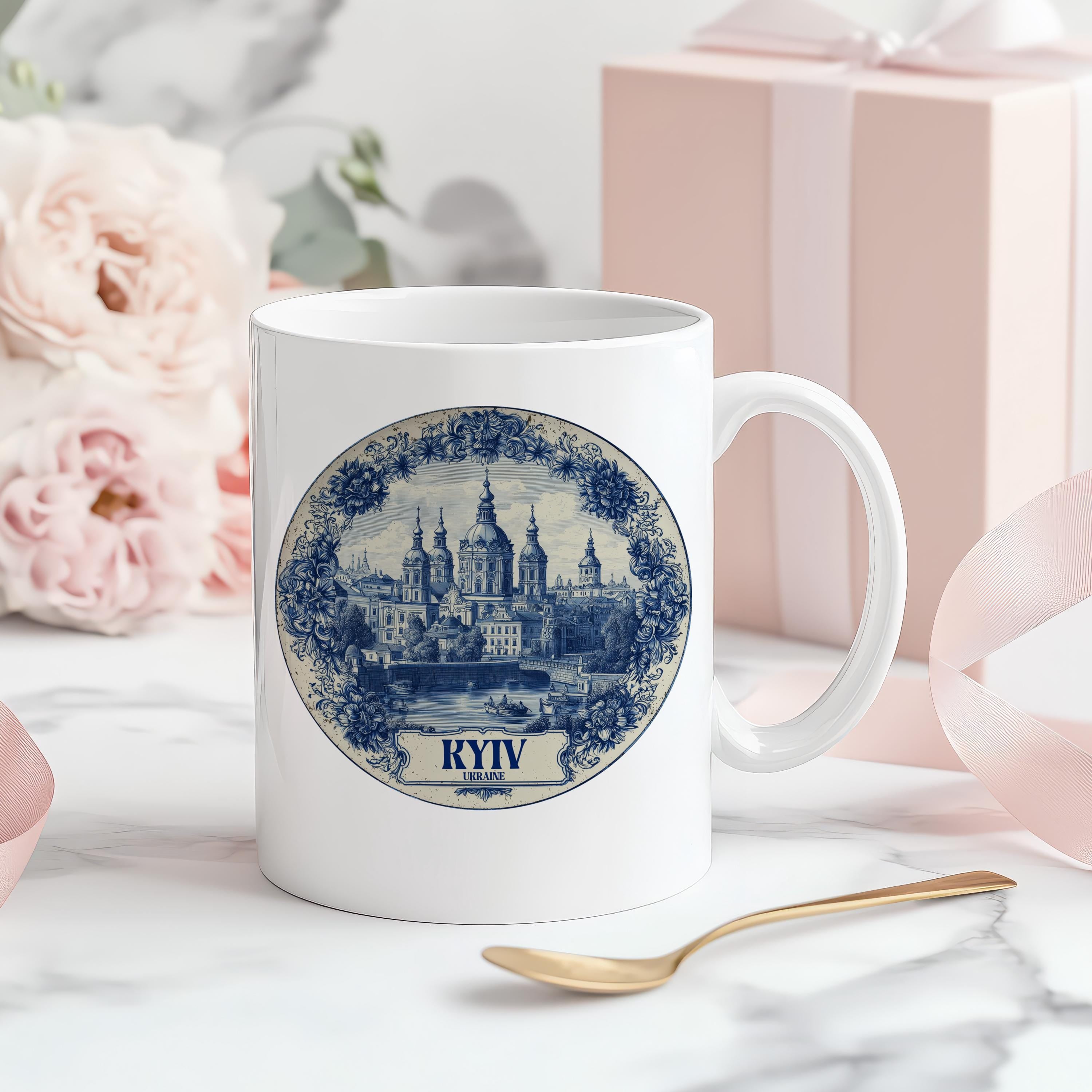 Kyiv Ukraine Mug, Custom Delft Style cup, Personalized Vintage Travel City Gift