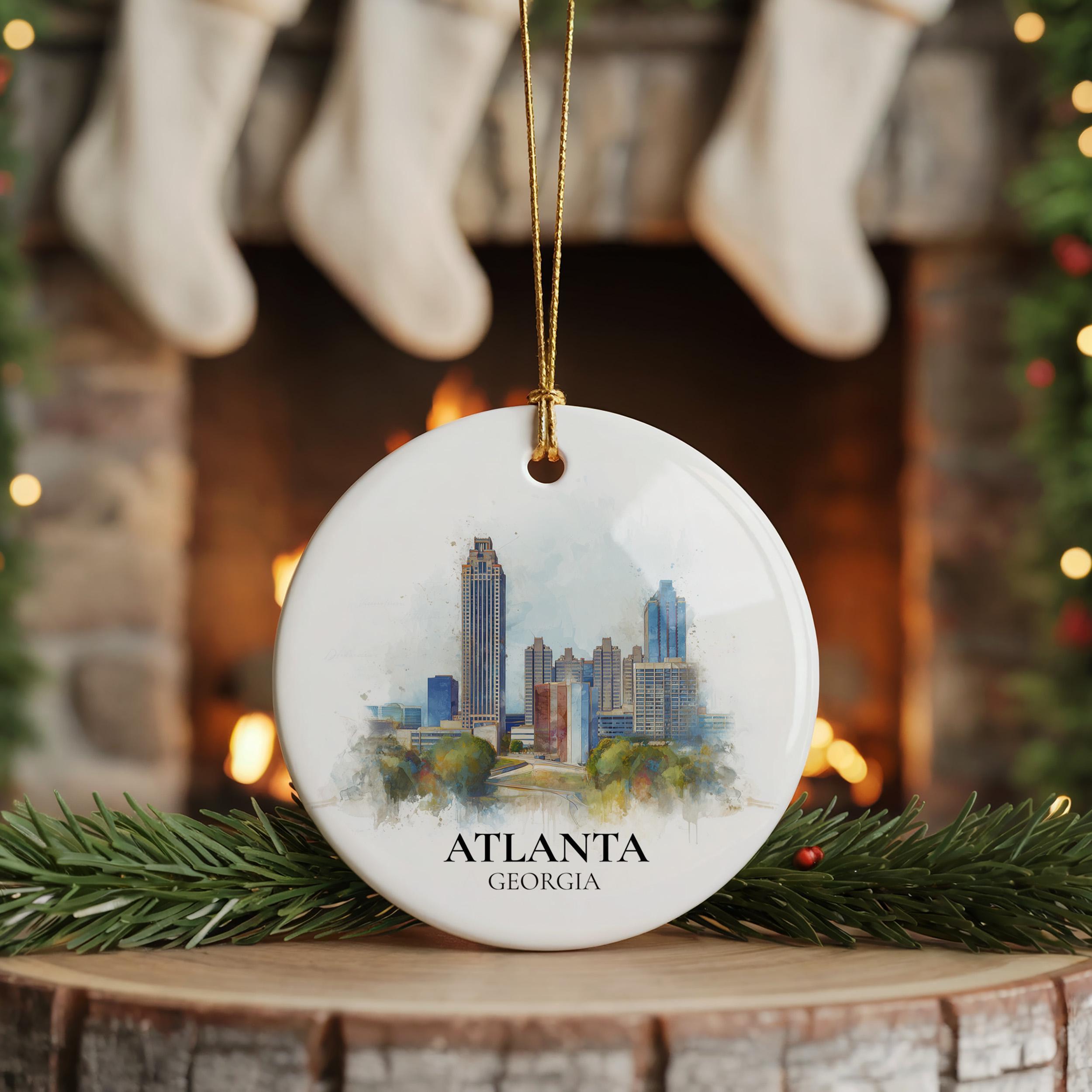 Atlanta Georgia Personalized Watercolor Ornament, Custom Ceramic Christmas gift, Travel Keepsake