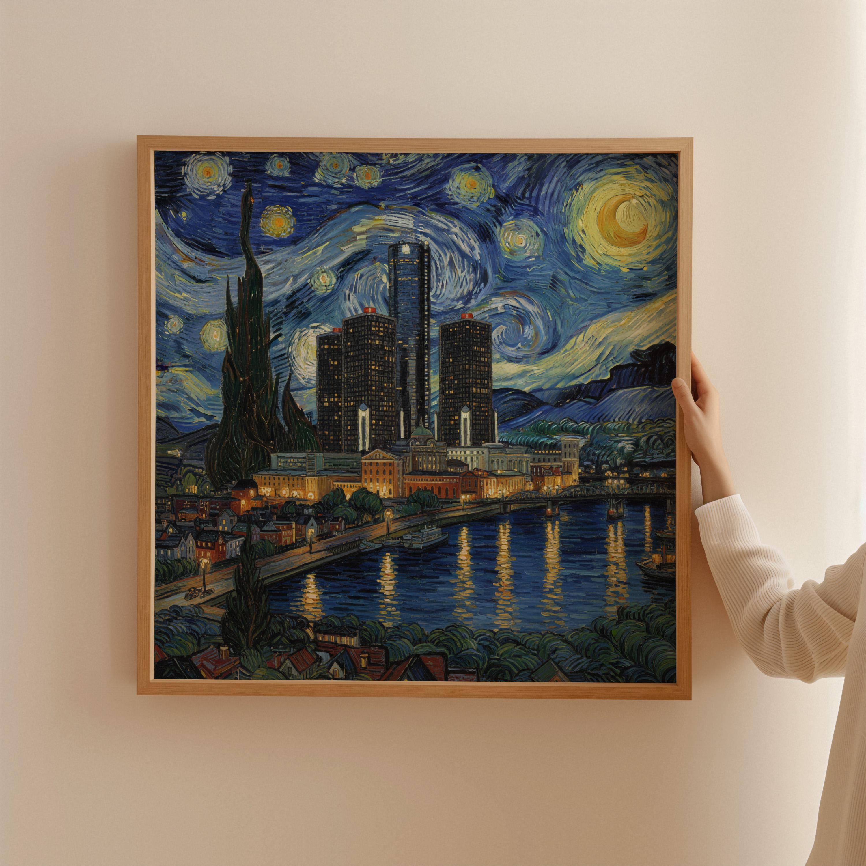 Detroit Michigan Starry Night Wall Art, Van Gogh Print, Travel Gift Home Decor