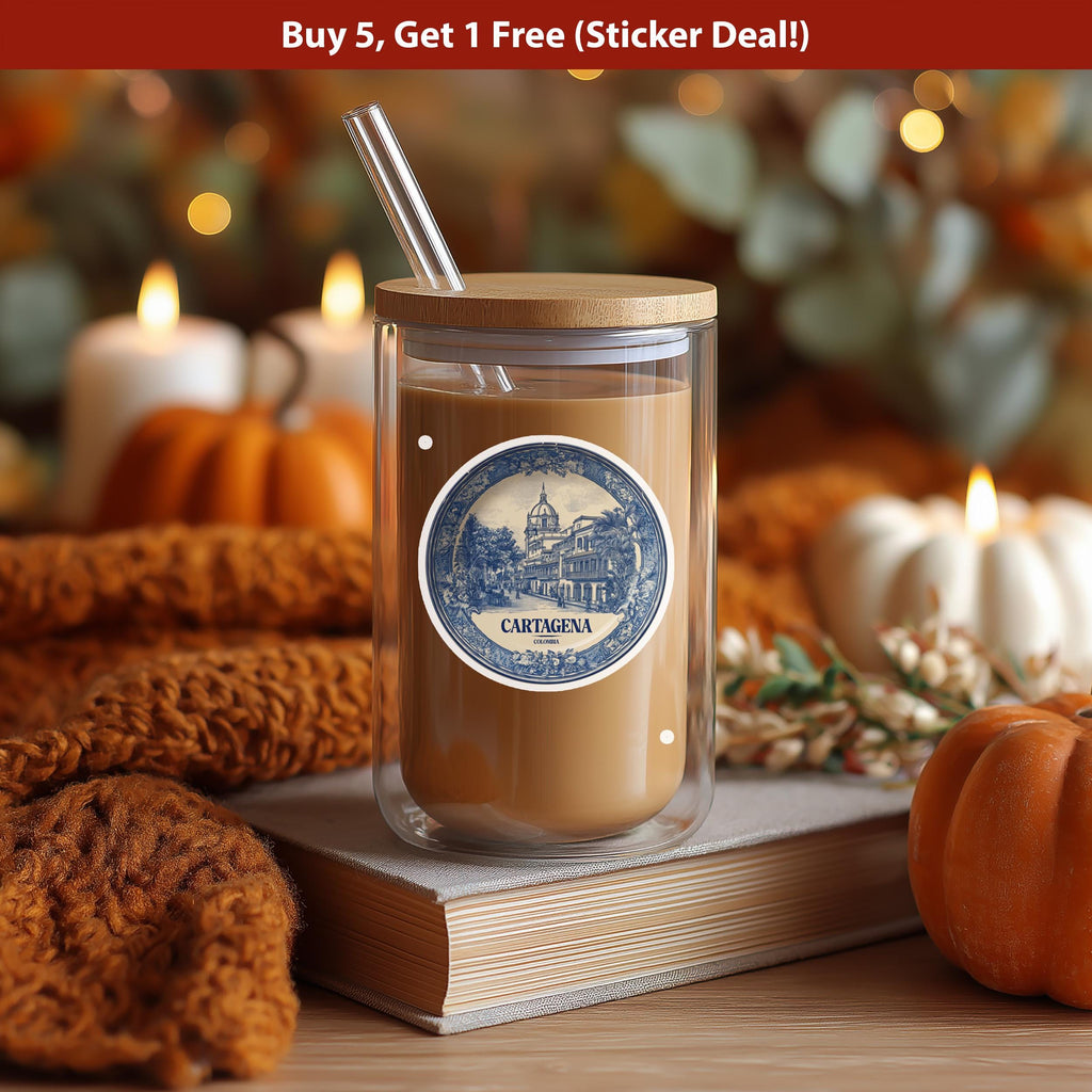 Cartagena Colombia Sticker Vintage Delft style, Delftware Decal Waterproof Vinyl, Blue City Travel