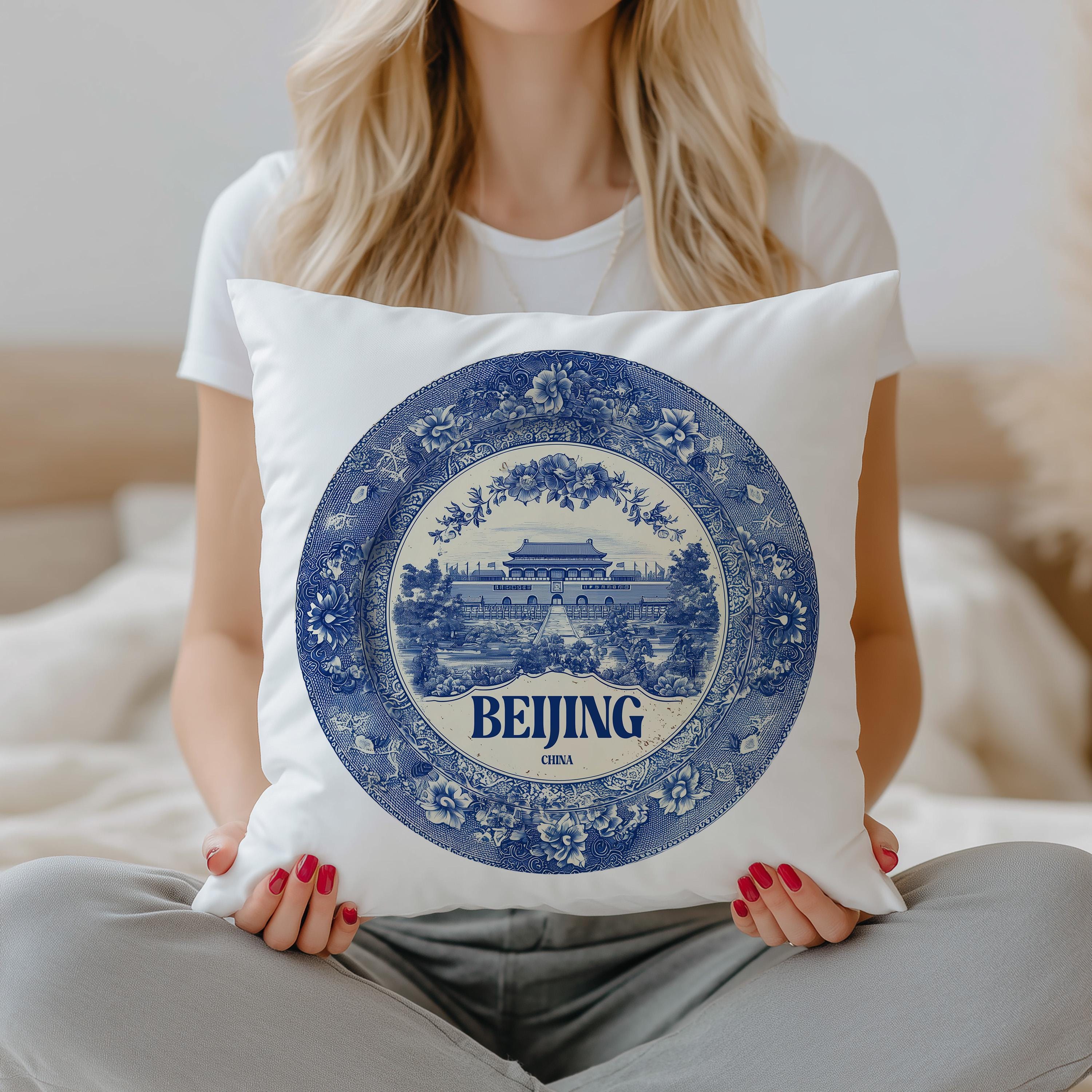 Beijing China Pillowcase, Delft Style Decorative Throw Pillow, Vintage Cityscape Retro Home Decor