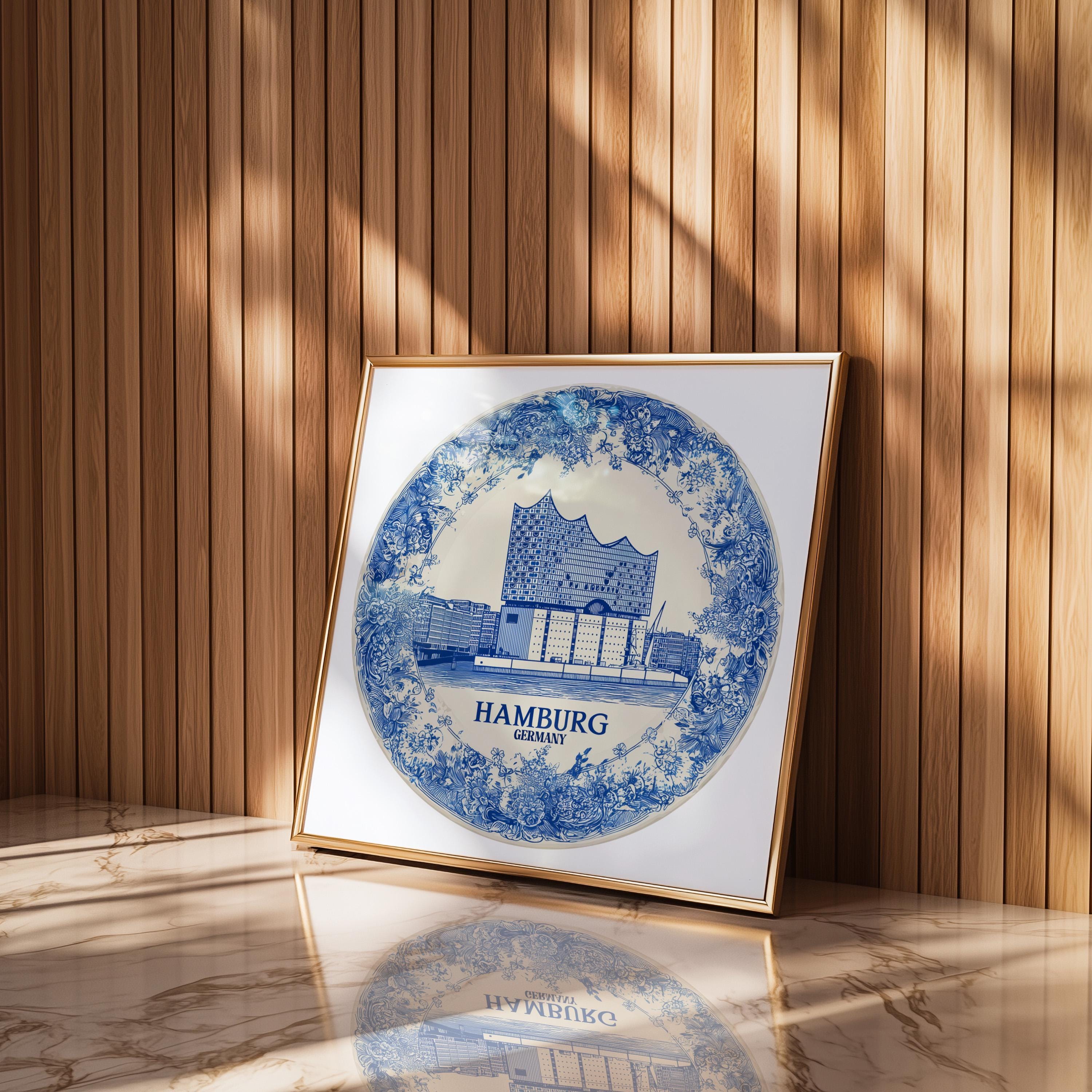 Hamburg Germany Wall Art, Vintage Delft Blue Poster, City Print, Travel Home Decor