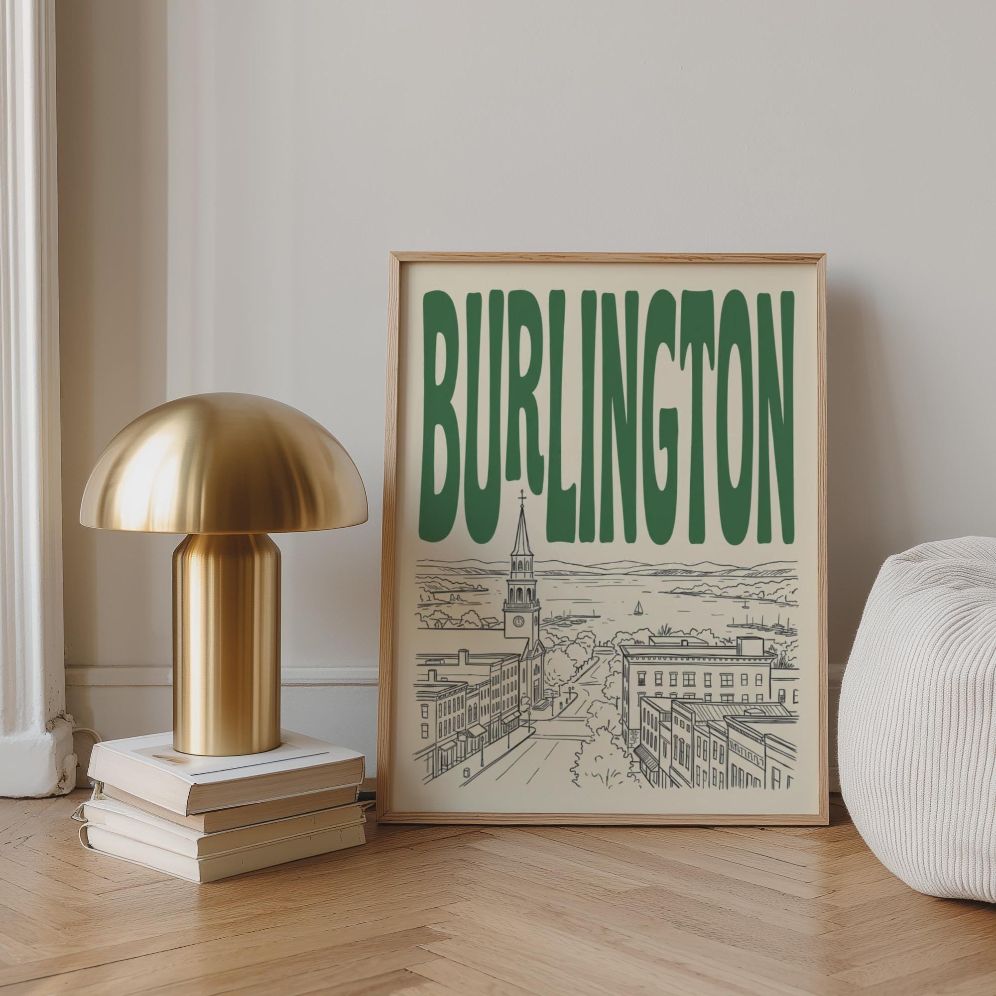 Burlington Vermont Skyline Wall Art, Framed Canvas Print, Retro Travel Decor