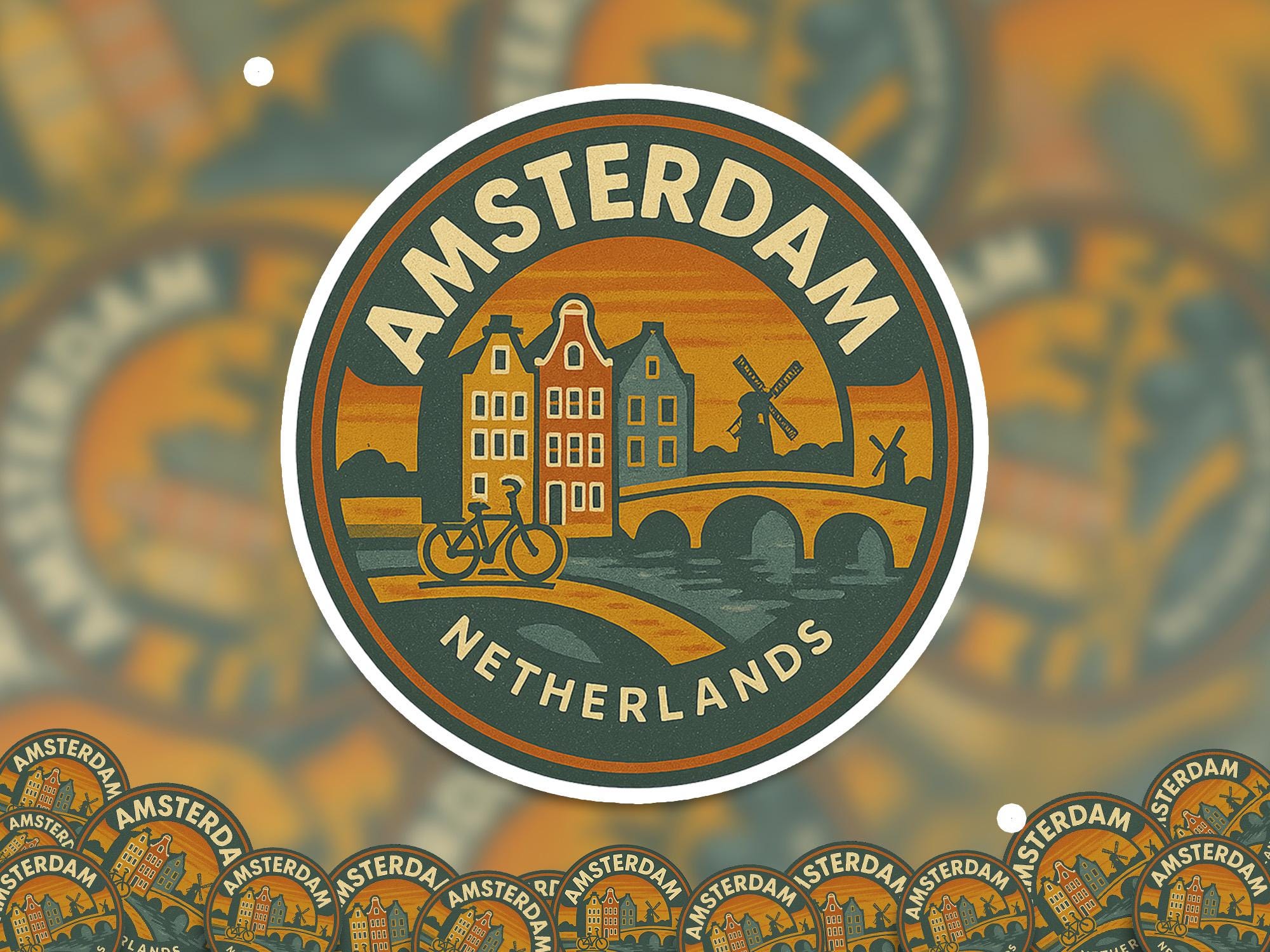 Amsterdam Netherlands Sticker EU Kiss-Cut Vinyl, Waterproof Decal, Retro Travel Lover Collection