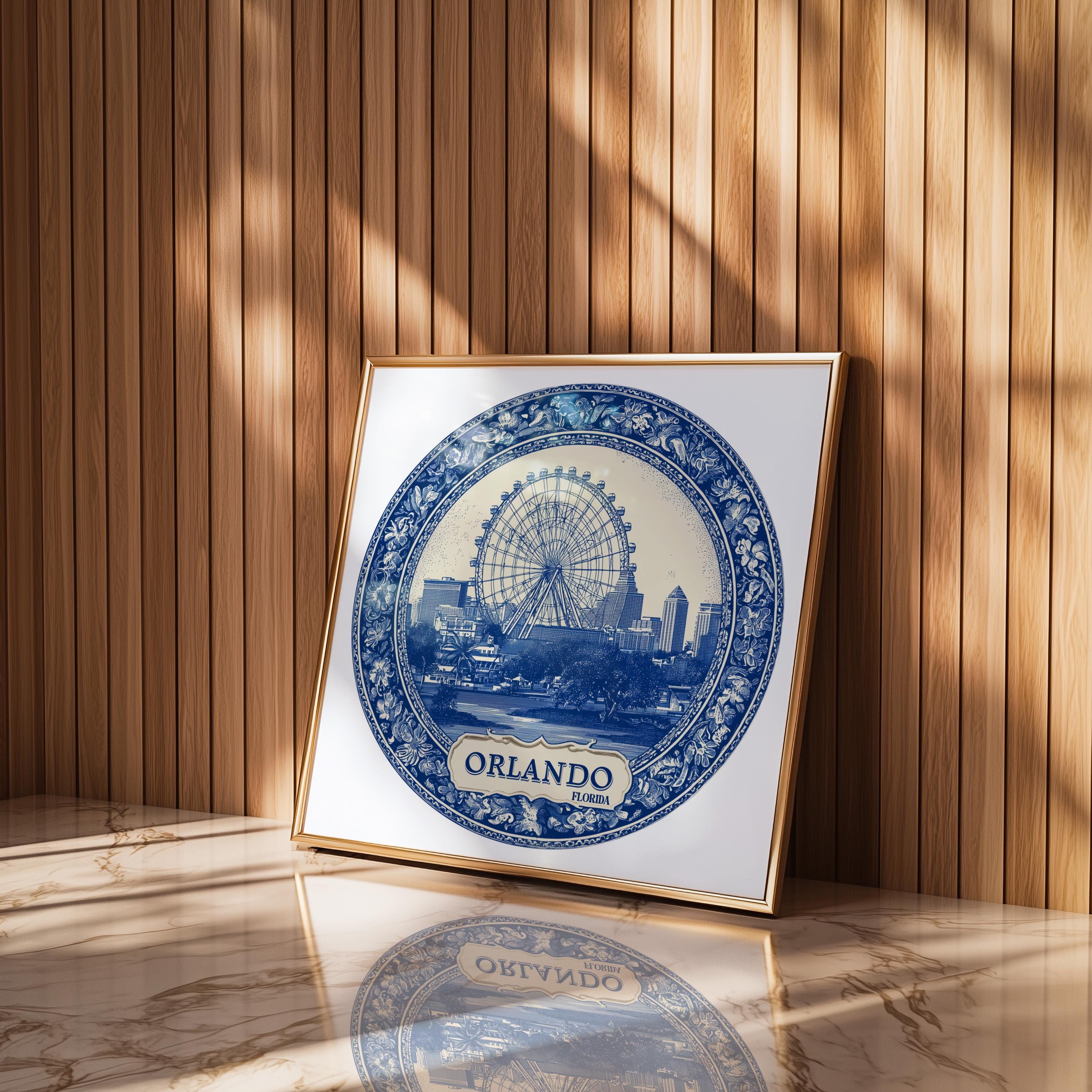 Orlando Florida Wall Art, Vintage Delft Blue Poster, City Print, Travel Home Decor