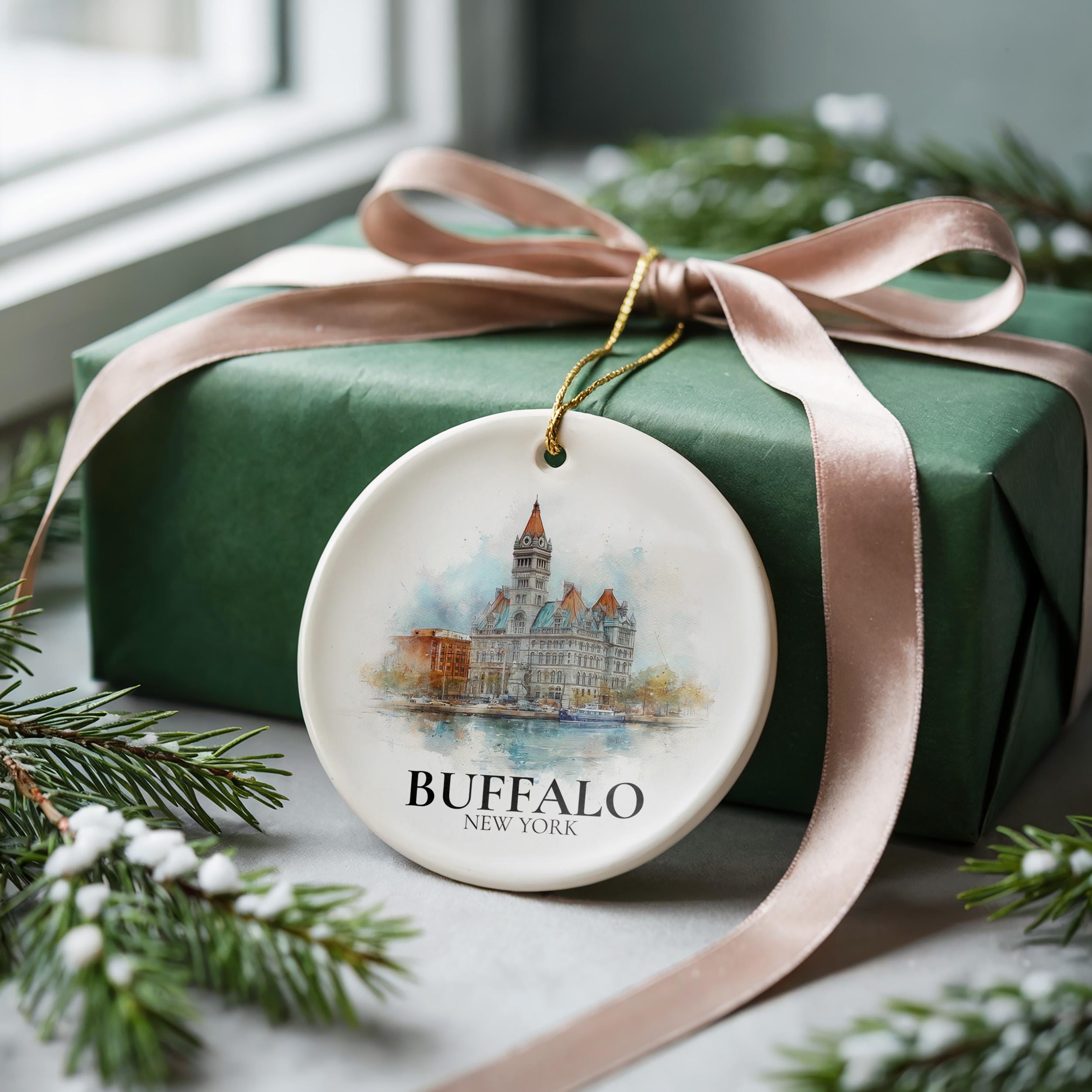 Buffalo New York Personalized Watercolor Ornament, Custom Ceramic Christmas gift, Travel Keepsake