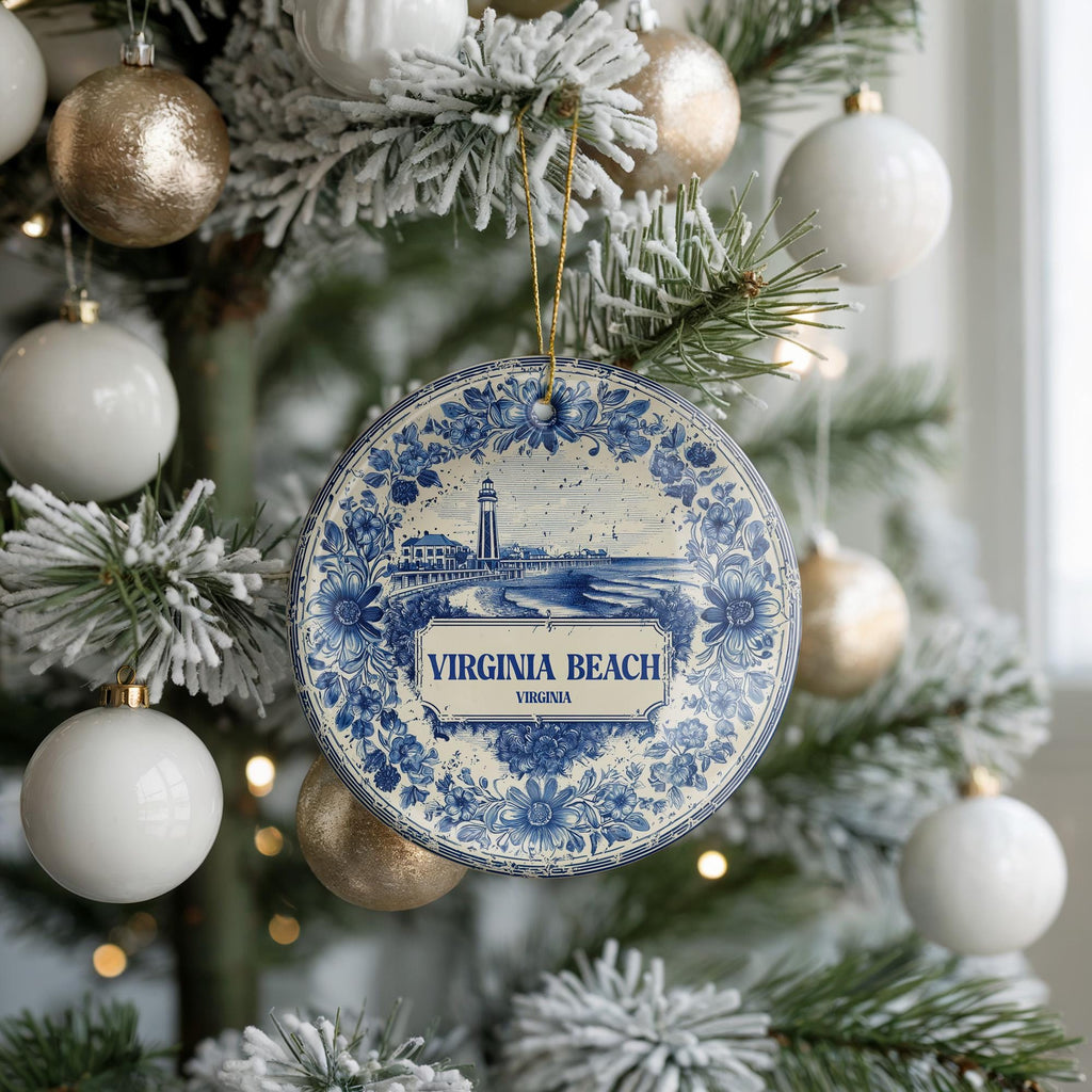 Virginia Beach Delftware Ceramic Ornament: Custom City Travel Keepsake