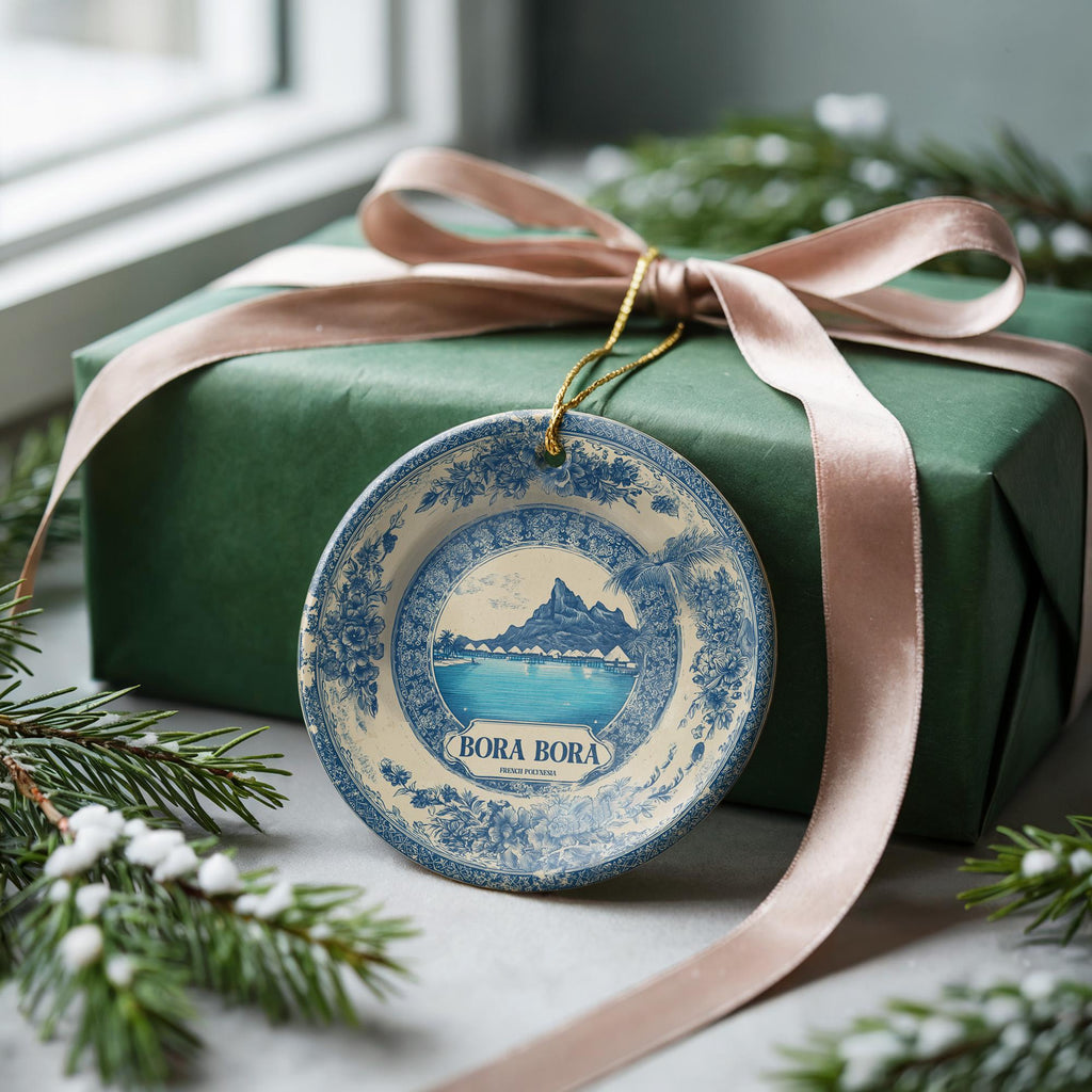 Custom Bora Bora Delftware Ceramic Ornament: French Polynesia Travel Keepsake