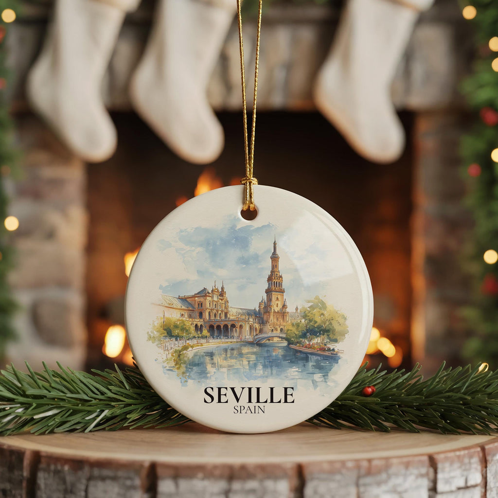 Seville Personalized Watercolor Ornament, SpainCustom Ceramic Christmas gift, Travel Keepsake