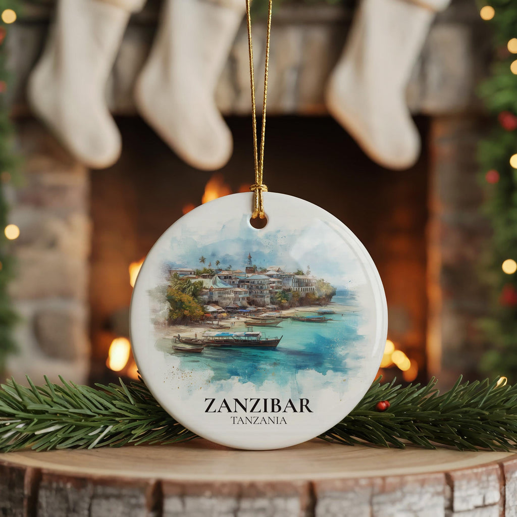 Zanzibar Tanzania Personalized Watercolor Ornament, Custom Ceramic Christmas gift, Travel Keepsake