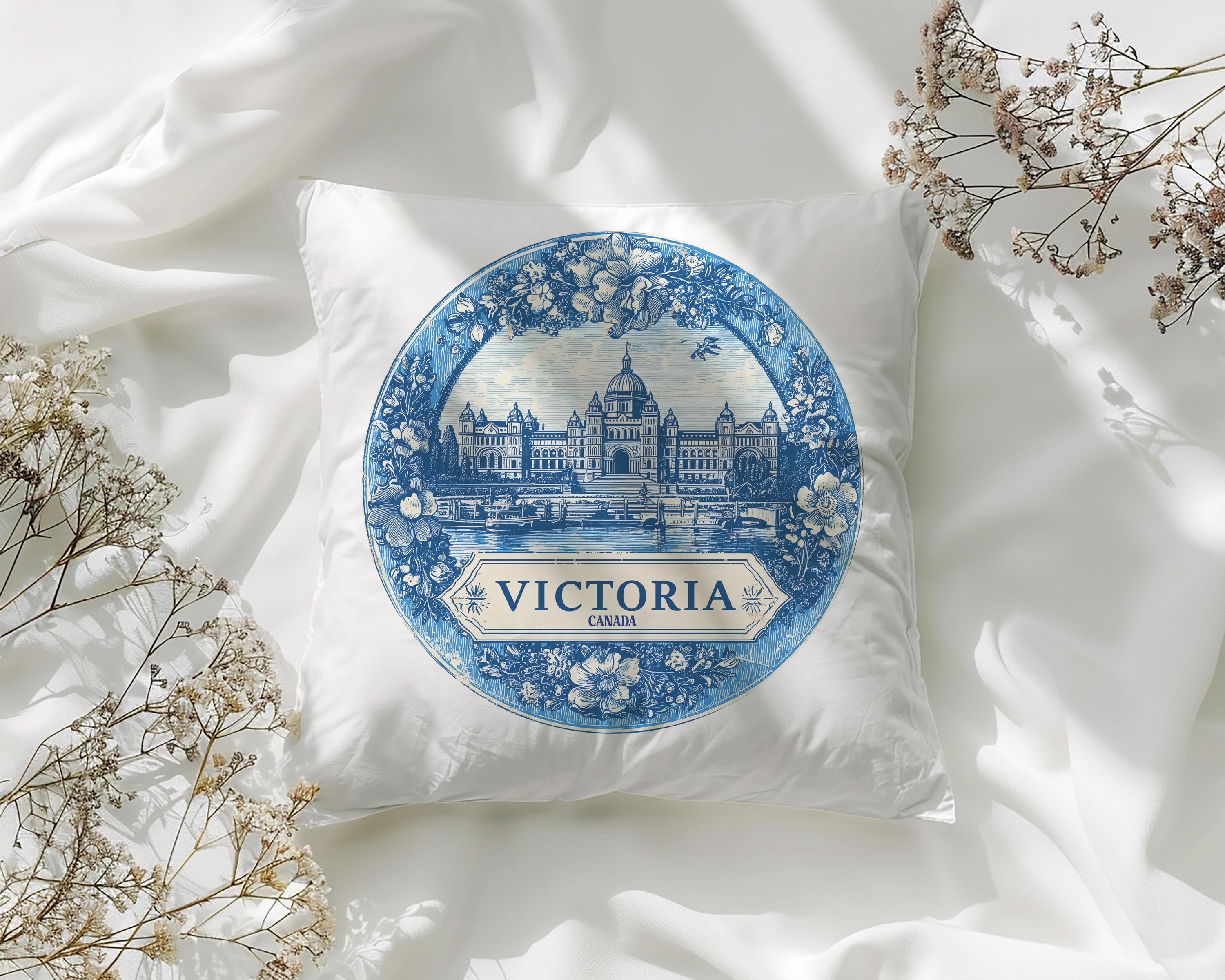 Victoria Canada Pillowcase, Delft Style Decorative Throw Pillow, Vintage Cityscape Retro Home Decor