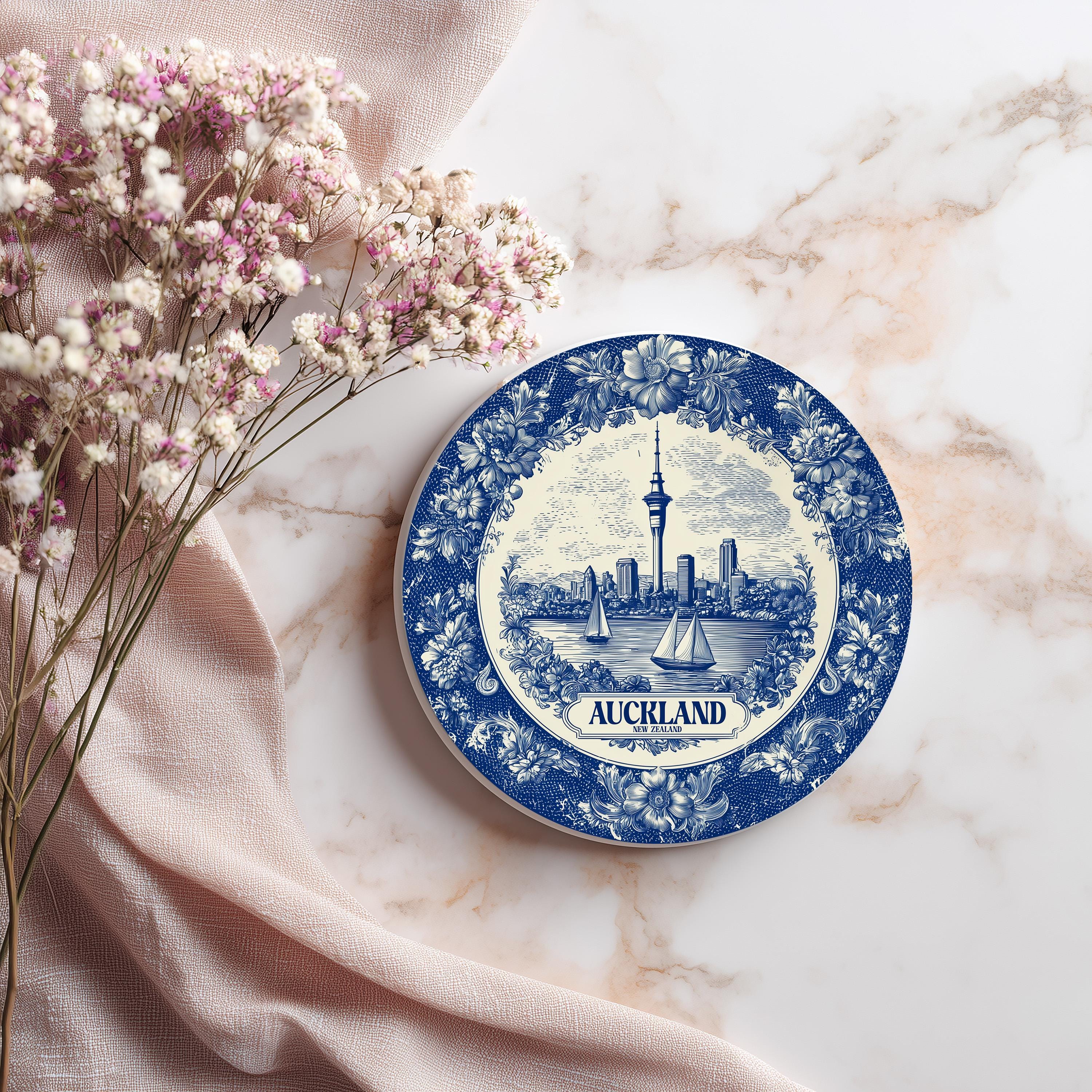 Auckland New Zealand Delftware Ceramic Coaster, Blue White Travel Gift, Vintage Home Decor Collectible