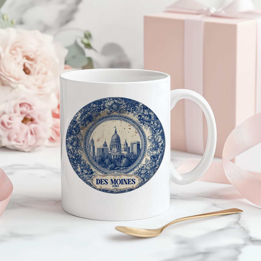 Des Moines Iowa Mug, Custom Delft Style cup, Personalized Vintage Travel City Gift