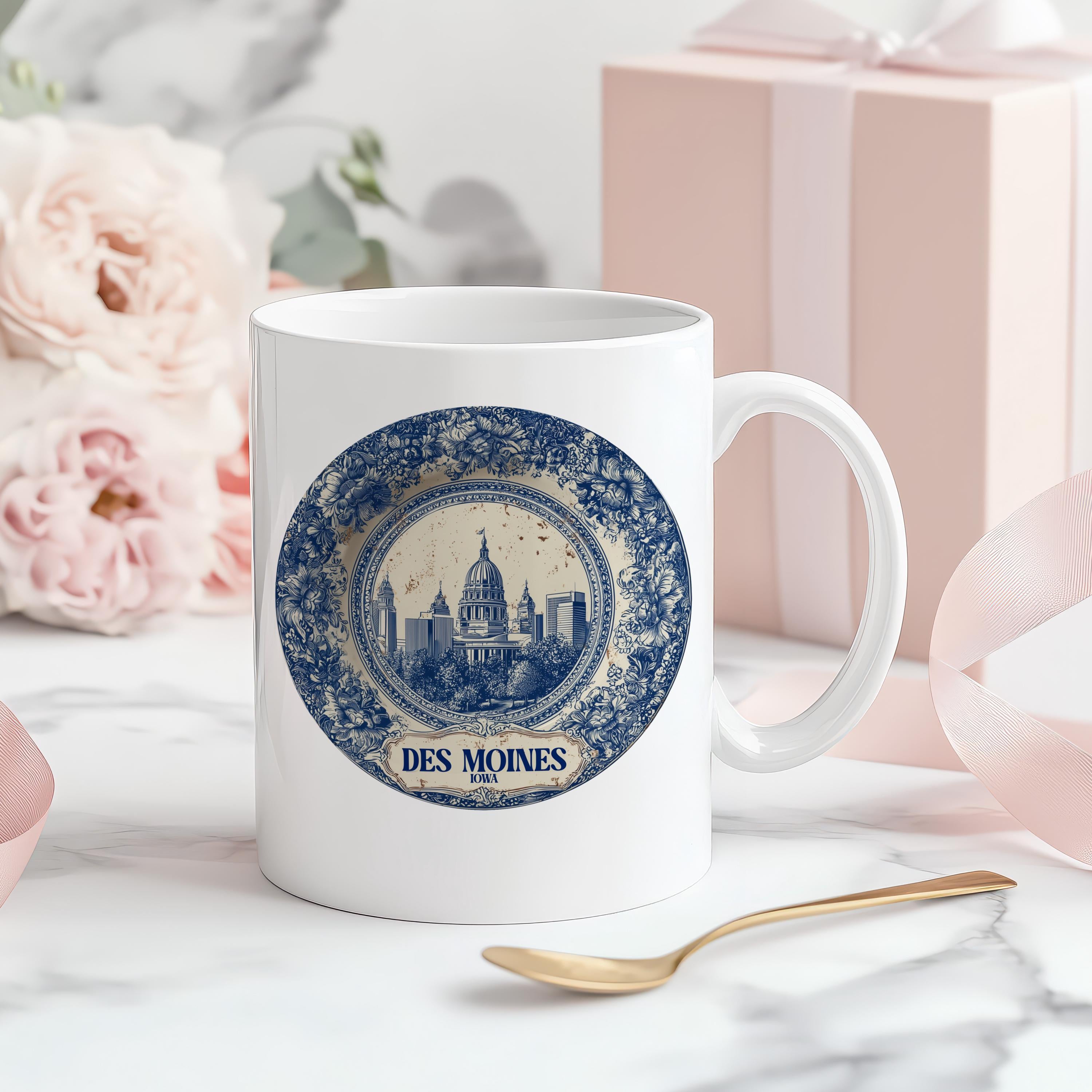 Des Moines Iowa Mug, Custom Delft Style cup, Personalized Vintage Travel City Gift