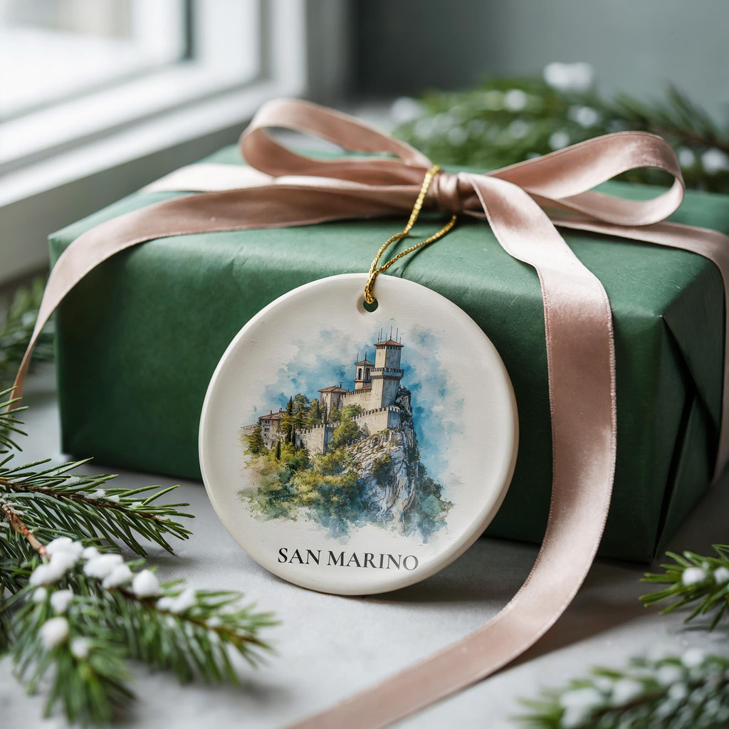 San Marino Personalized Watercolor Ornament, Custom Ceramic Christmas gift, Travel Keepsake