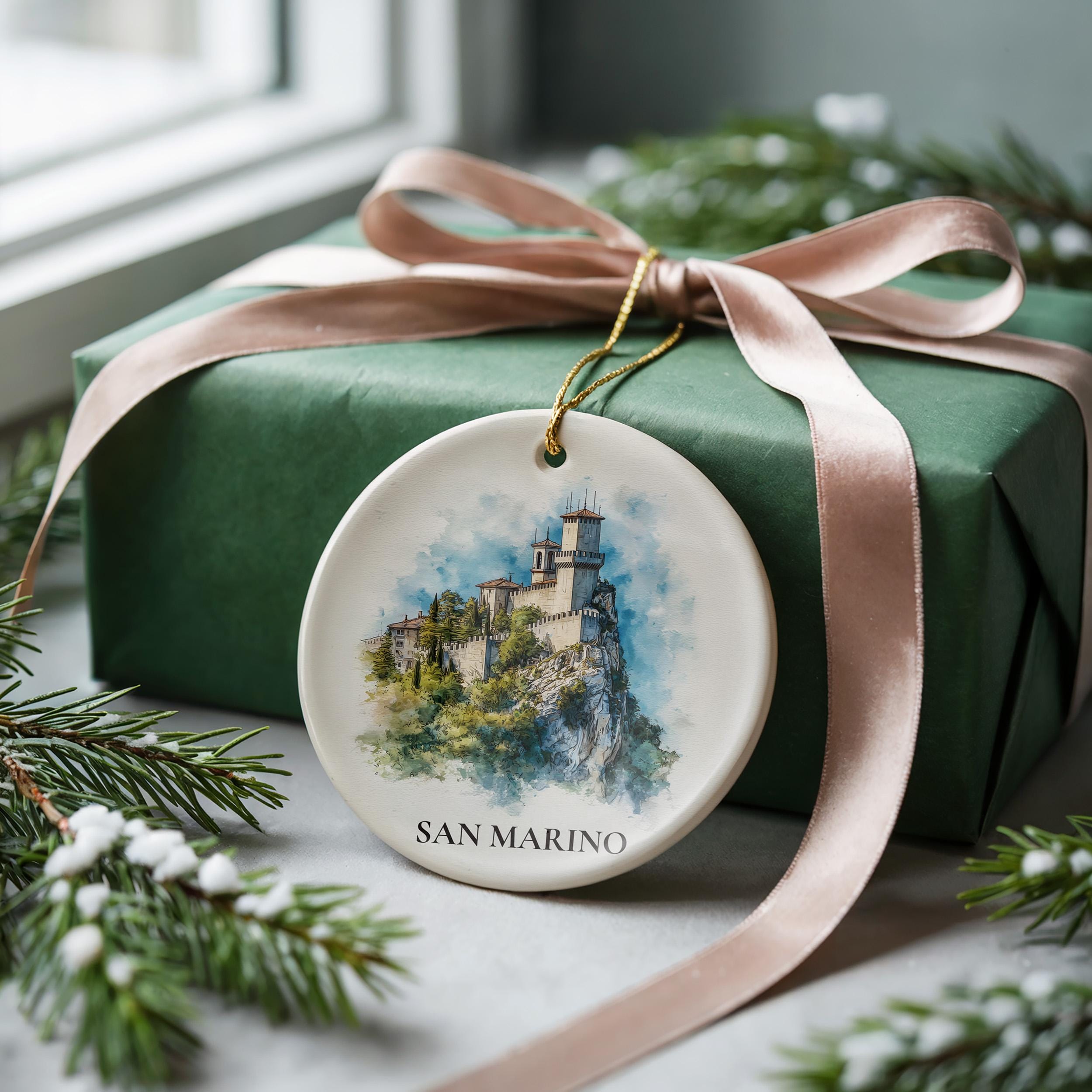San Marino Personalized Watercolor Ornament, Custom Ceramic Christmas gift, Travel Keepsake