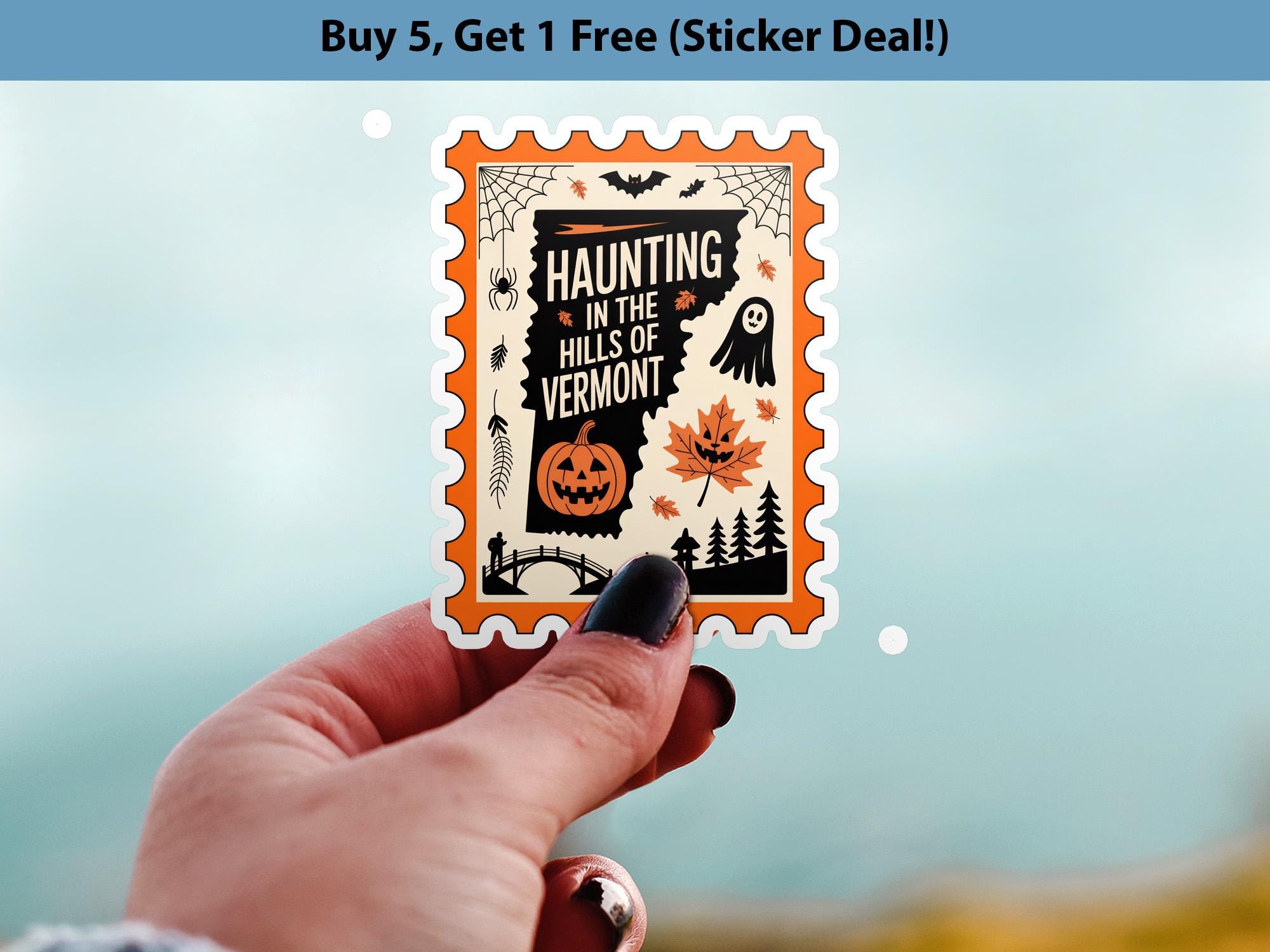 Vermont Stamp Halloween Sticker, Spooky USA Kiss-Cut Vinyl, Waterproof Decal, United States Travel