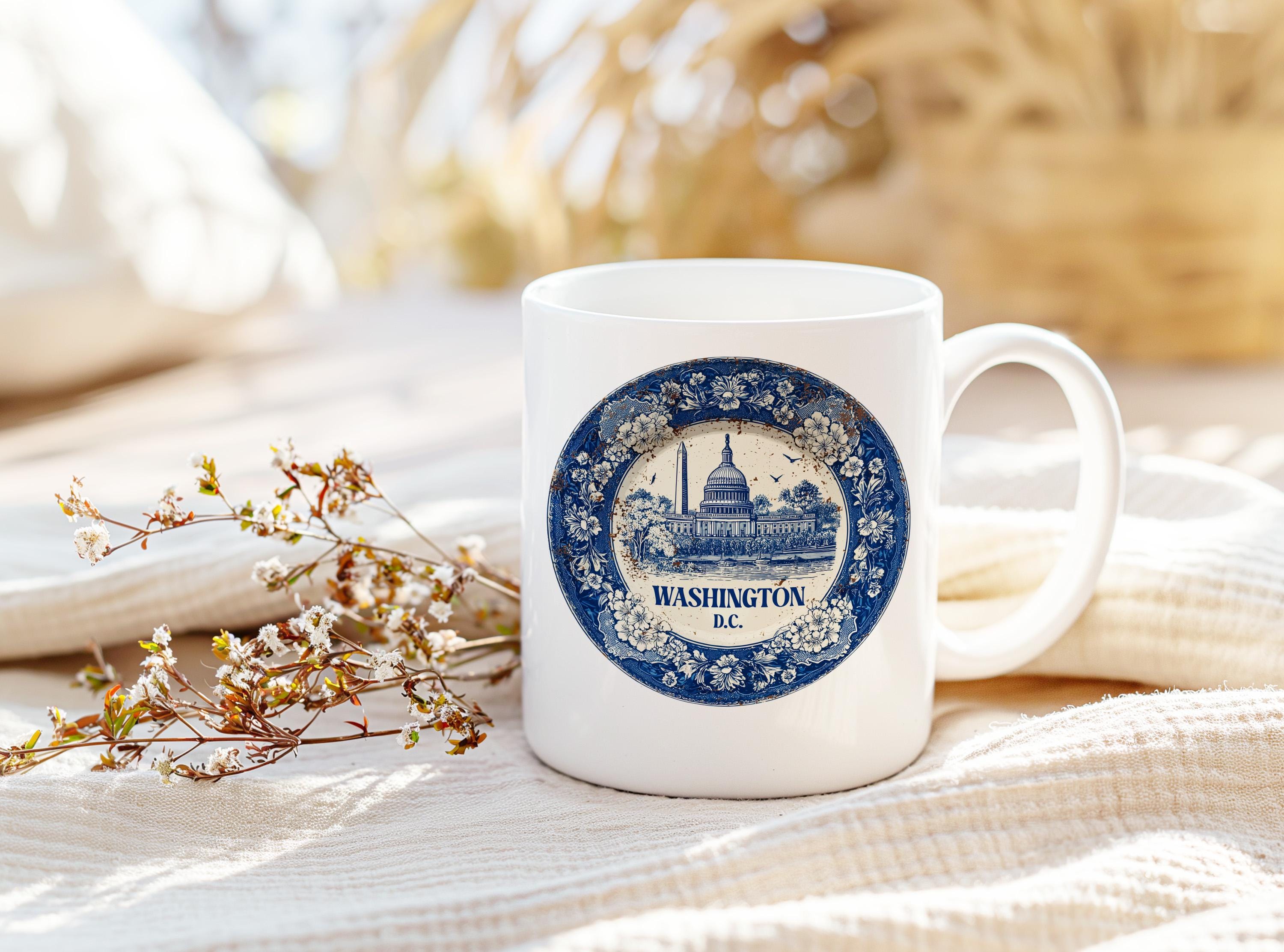 Washington DC Mug, Custom Delft Style cup, Personalized Vintage Travel City Gift
