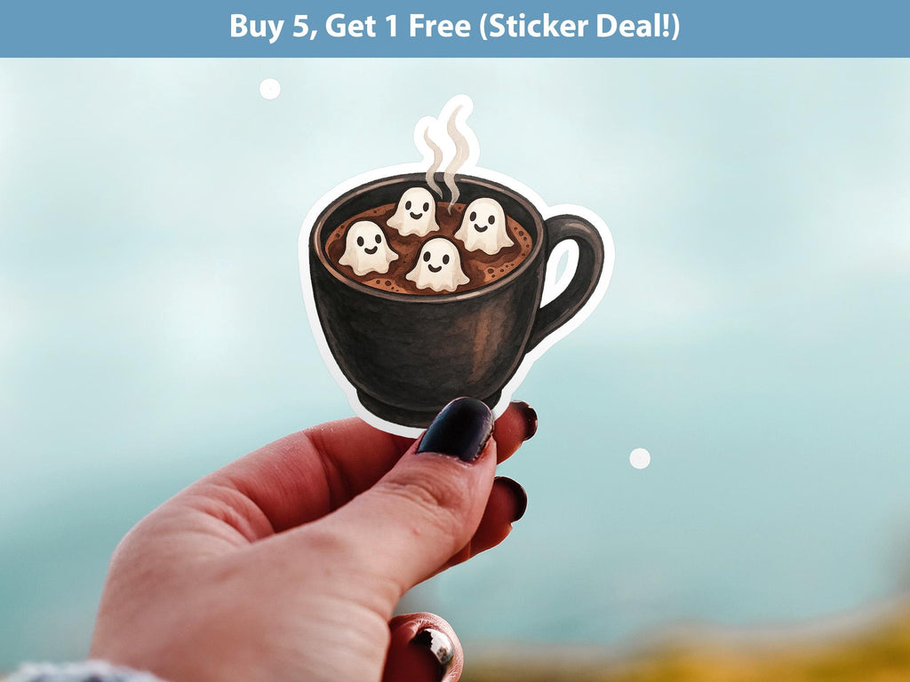 Ghost Coffee Halloween Sticker, Spooky Kiss-Cut Vinyl, Cozy fall Waterproof Decal