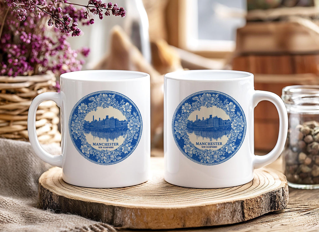 Manchester New Hampshire Mug, Custom Delft Style cup, Personalized Vintage Travel City Gift