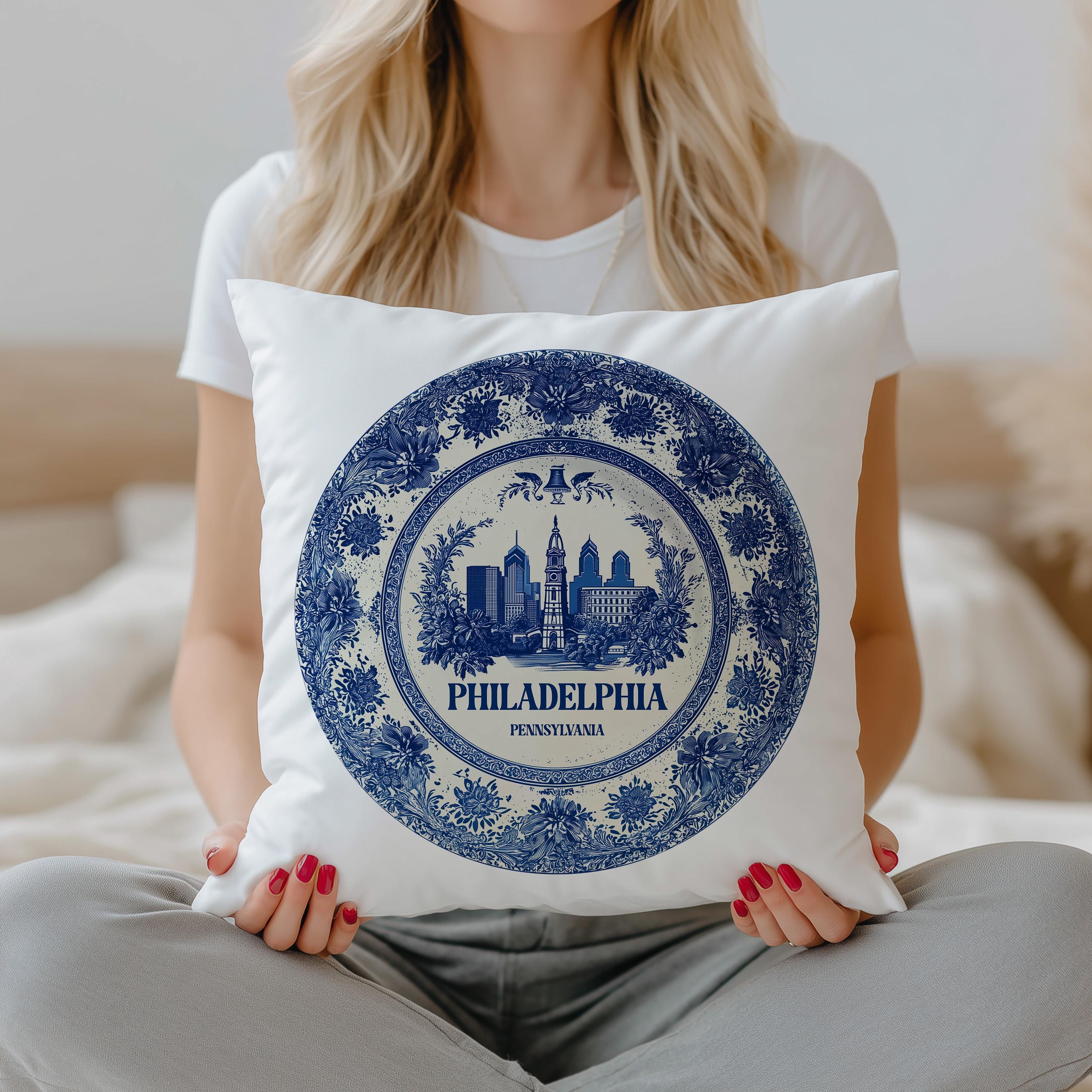 Philadelphia Pennsylvania Pillowcase, Delft Style Decorative Throw Pillow, Vintage Cityscape Retro Home Decor