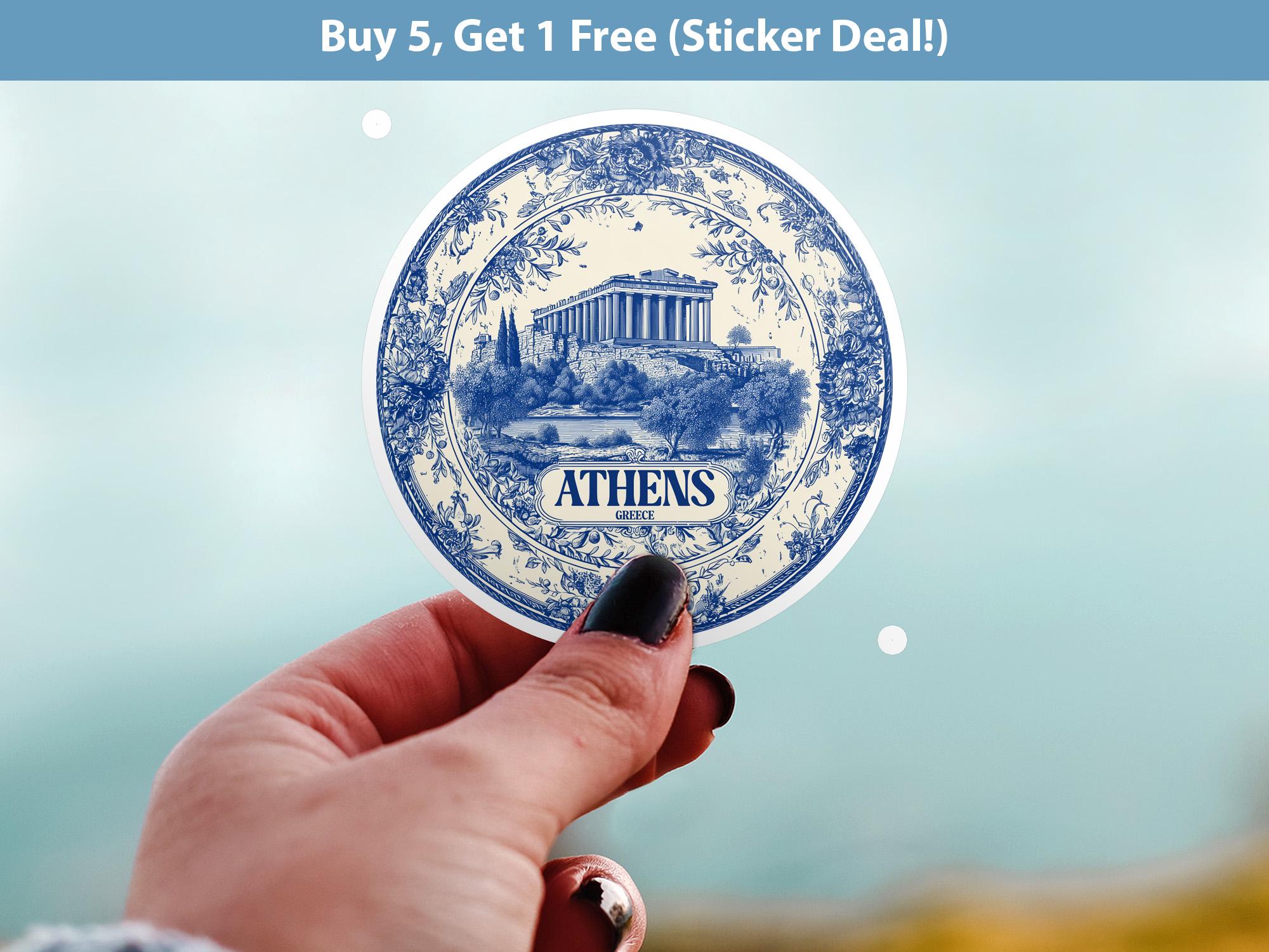 Athens Greece Sticker Vintage Delft style, Delftware Decal Waterproof Vinyl, Blue City Travel