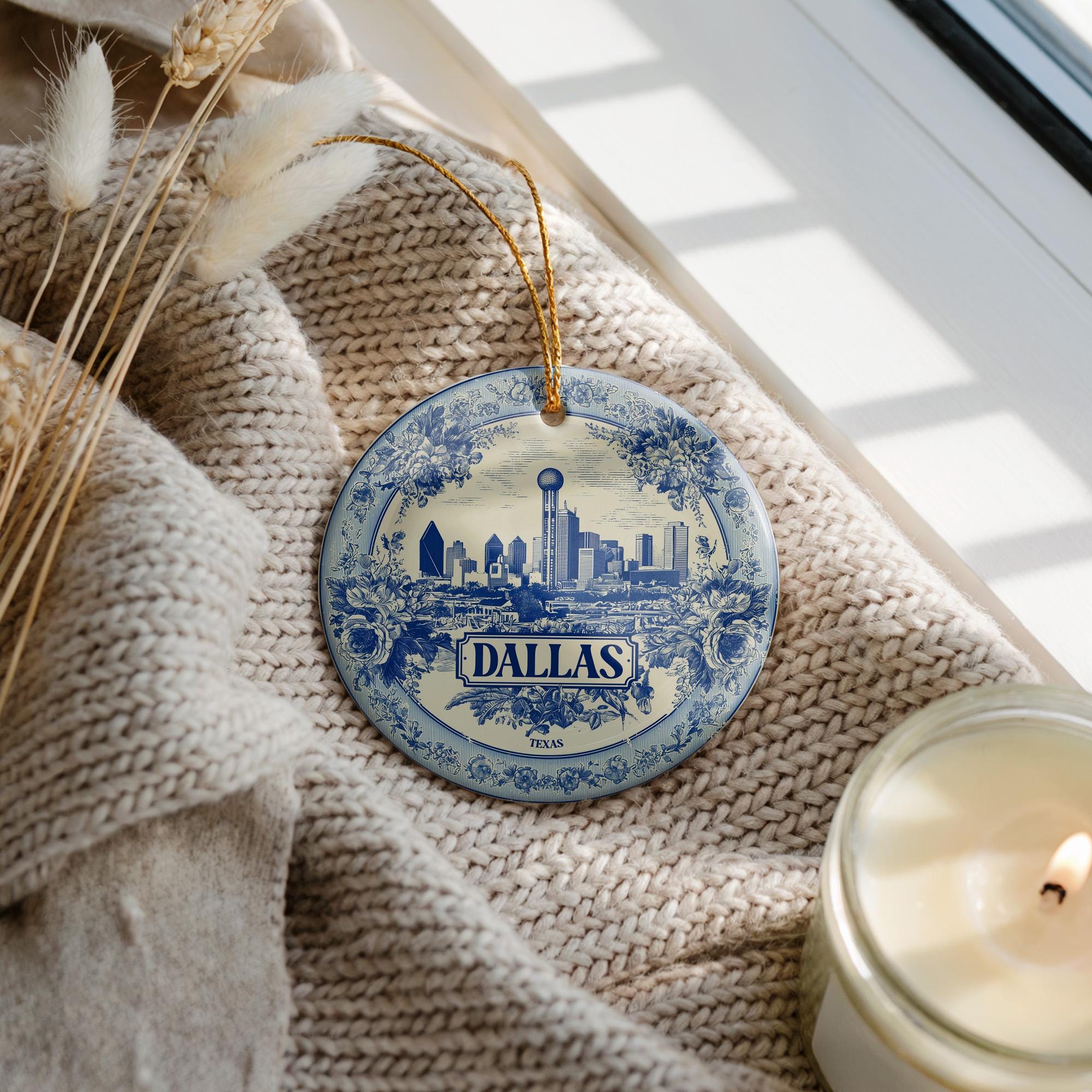 Custom Dallas Texas Ceramic Delft Ornament, Christmas Delftware Blue Delftware city travel