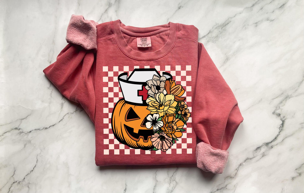 Halloween Nurse  Pumpkin Sweatshirt, Spooky RN Fall Top Cozy Autumn Pullover, Cute Retro Gift for Nurse