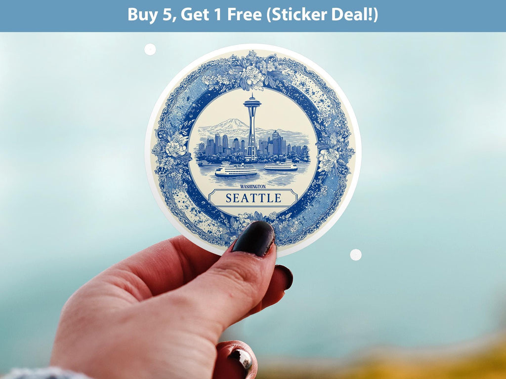 Seattle Washington Sticker Vintage Delft style, Delftware Decal Waterproof Vinyl, Blue City Travel