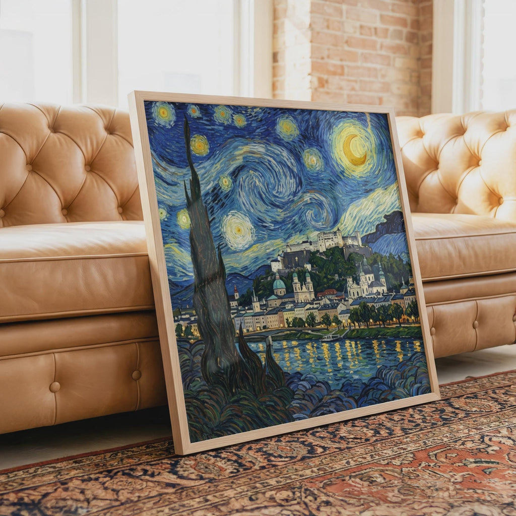Salzburg Starry Night Wall Art, Van Gogh Style Framed Canvas, Austria City Print
