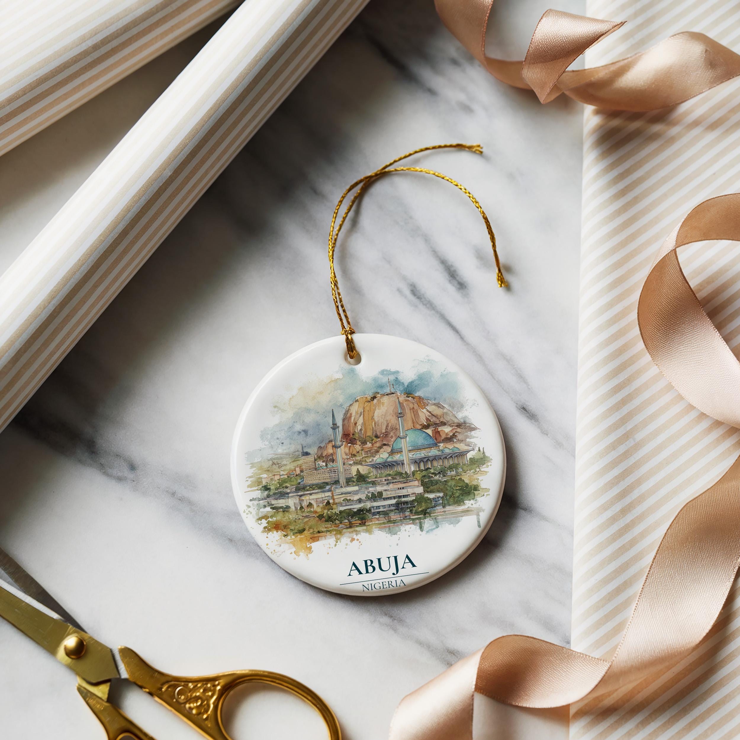 Abidjan Ivory Coast Personalized Watercolor Ornament, Custom Ceramic Christmas gift, Travel Keepsake